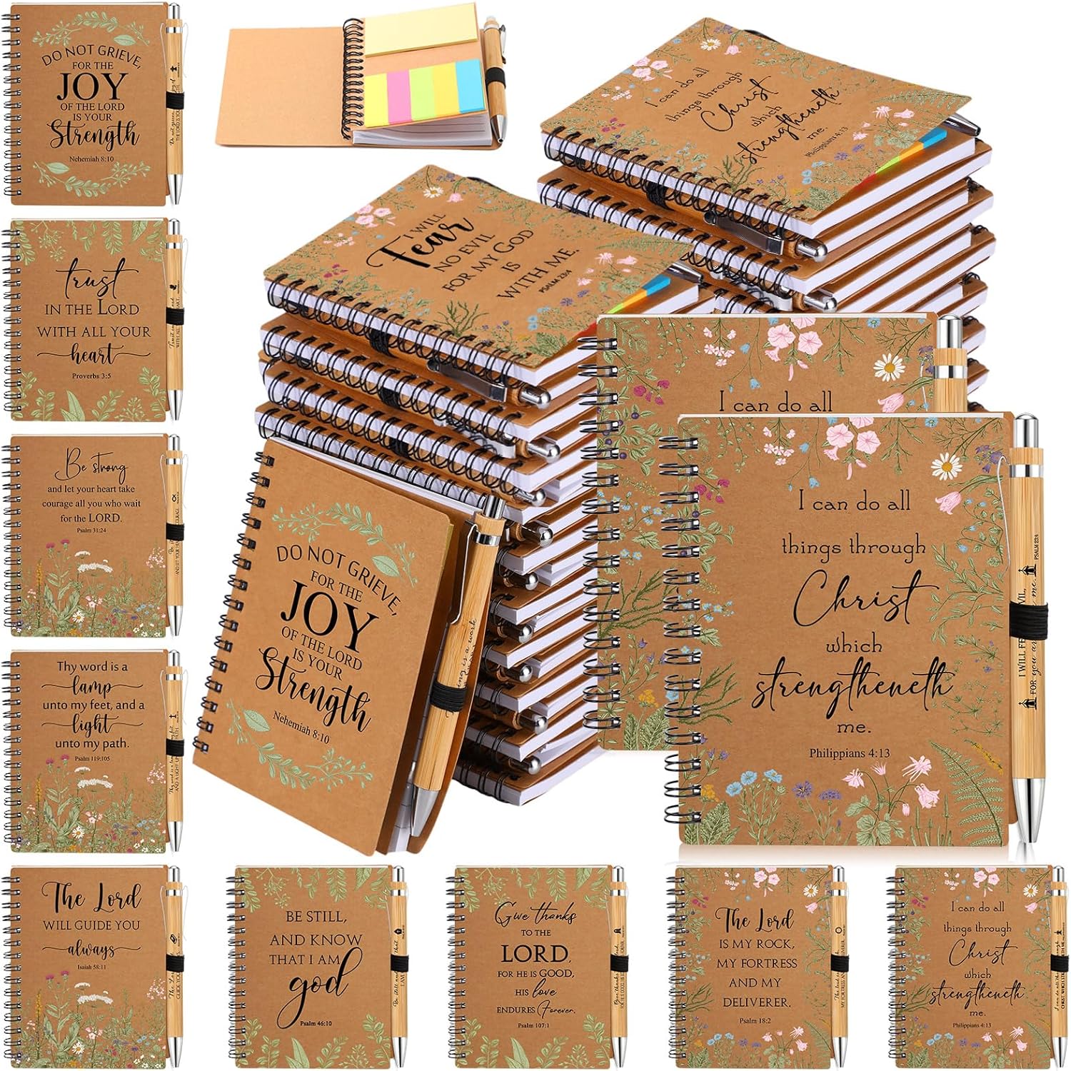 Engrowtic 50 Sets Christian Notebooks Gift Bulk Mother's Day Religious Gift Inspirational Bible Prayer Notepad with Sticky Note Pen Gifts for Office Staff Coworkers Church Study (Kraft)