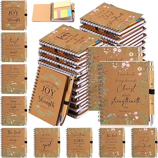 30 Sets Christian Gifts Bulk Spiral Notebook with Sticky Note Pen, Kraft | Church Inspirational Religious Gift, Spiral Bible Verse Prayer Notebook, for Women Study Group Member Vbs Sunday School