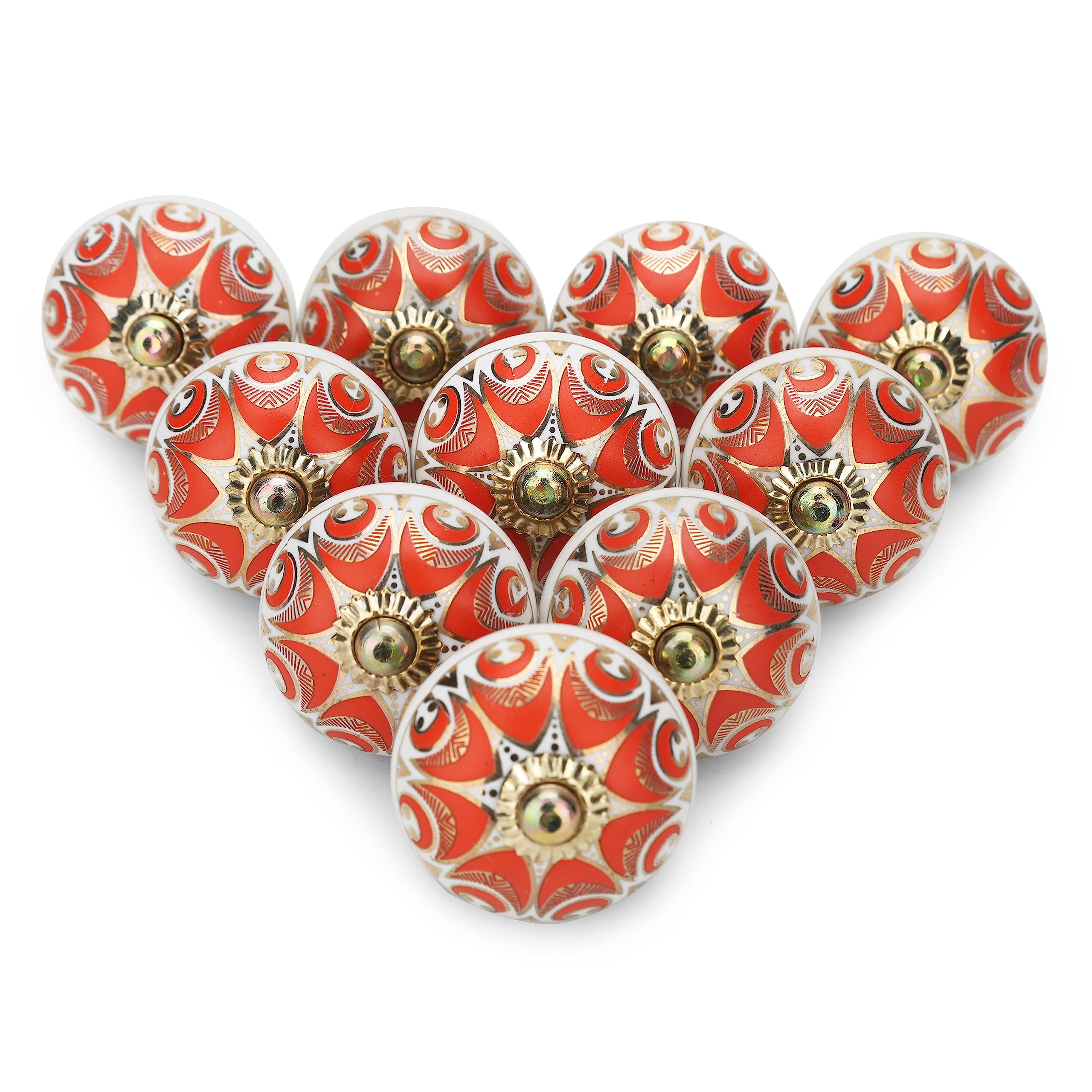 FURNISHFUL FINESSE Knobs for Cabinets and Drawers - Door Knobs for Cupboards Assorted Hand Painted Door Pull Handles for Dresser Kitchen Wardrobes Boho Home Interior Decor - Red -Pack of 6
