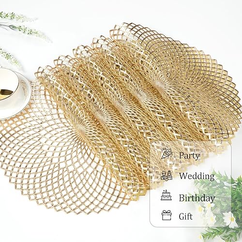 Miniatura 7 de Juego de 6 manteles individuales redondos dorados metálicos, manteles individuales de vinilo, lavables, lavables, huecos, para mesas de cocina,