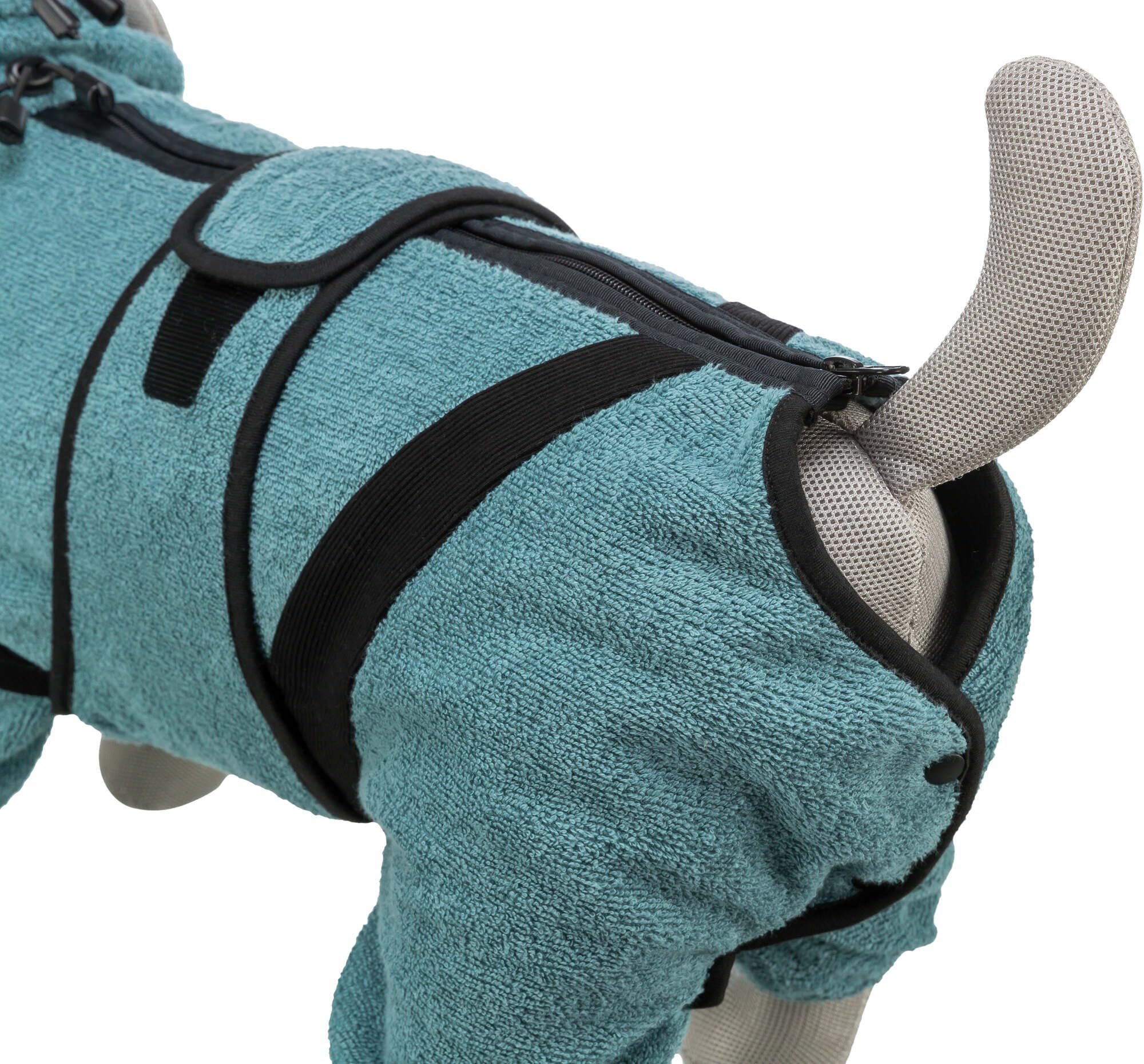 TRIXIE Bade- und Hausoverall - für Hunde Hundemantel aus Frottee - M-L (54 cm) Petrol, wärmender Hundepullover für drinnen & draußen - 23854