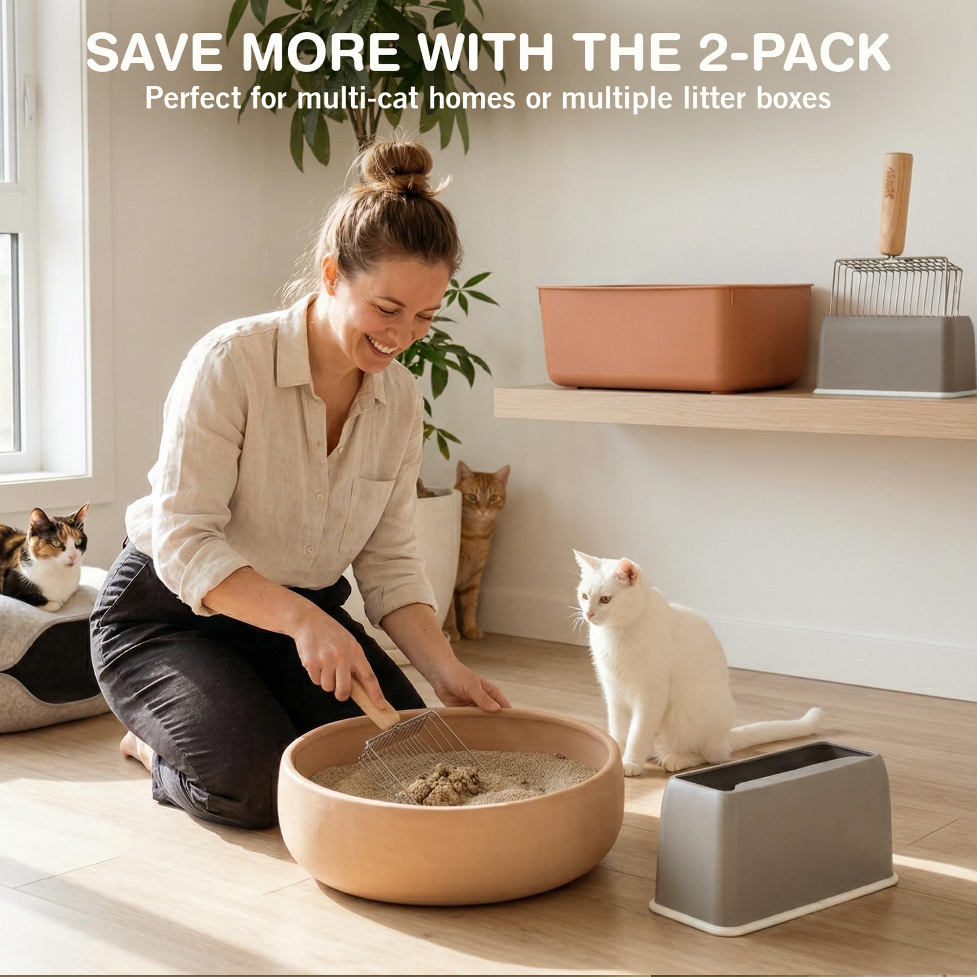 Sprinkle & Sweep Lot de 2 pelles à litière en métal pour chat – Pelle à litière robuste et tamis rapide avec poignée confortable en bois de hêtre – Support lavable pratique pour un nettoyage facile et