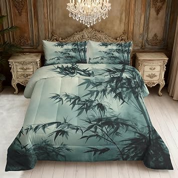 Bamboo Leaf Comforter Set Queen Size, Teal Green Forest Asian Bedding 3 Piece Super Soft for All Season, Bamboo Leaf Bedroom Decor, Down Alternative Bed Comforter with 2 Pillowcases 68B4Y | Lightweight