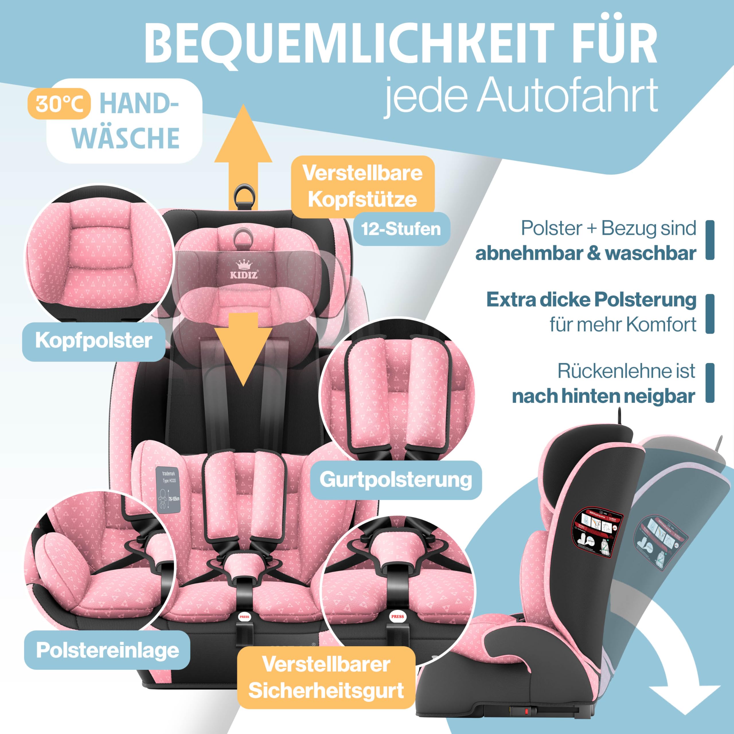 KIDIZ® Asiento infantil Triangle Premium con Isofix | Asiento infantil para coche | 9 kg – 36 kg 1 – 12 años | Grupo 1/2/3 | Universal | Homologado según ECE R129/03