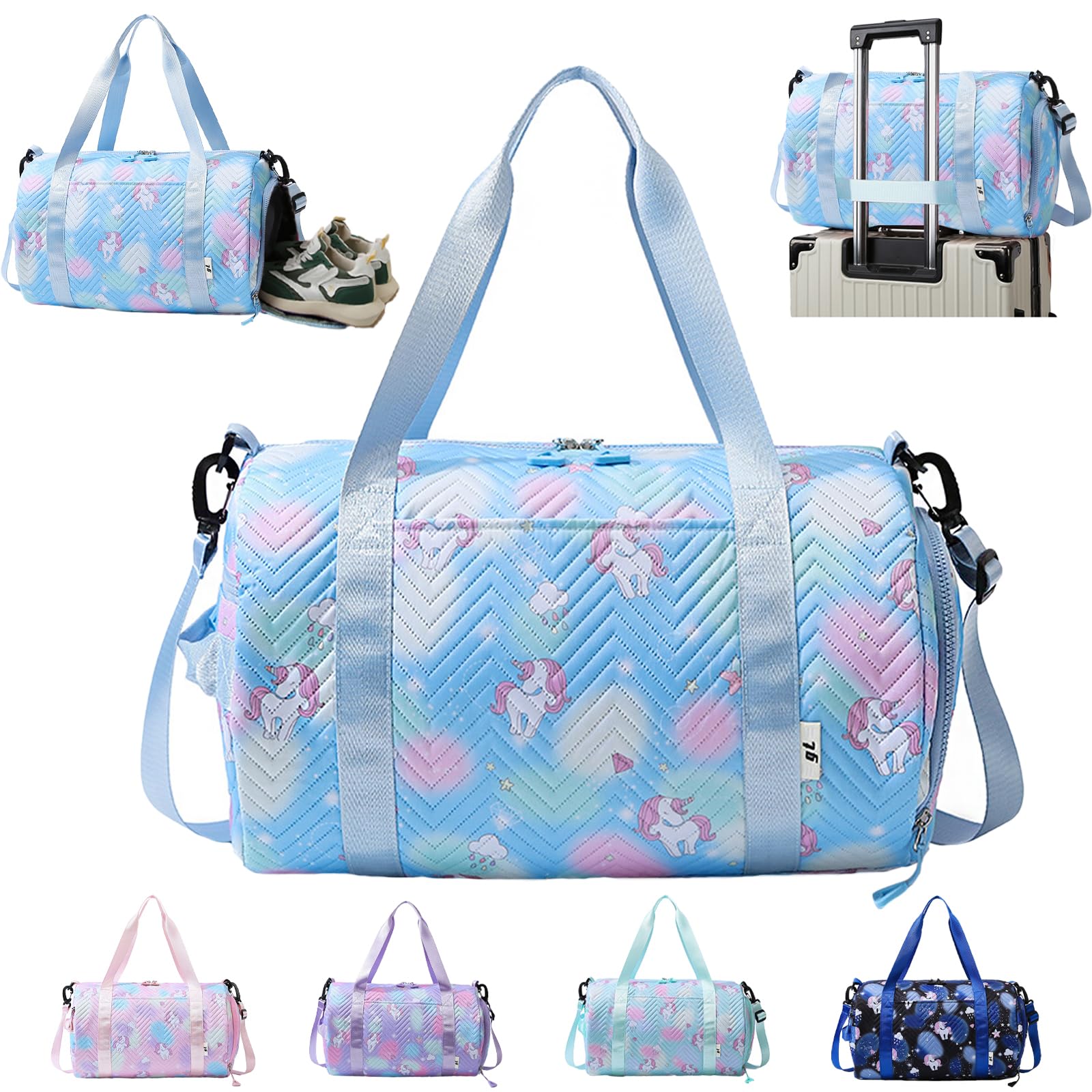 YOUYIKE Small Gym Bag for Girls, Unicorn Travel Bags, Swim with Shoes Compartment & Waterproof Pocket, Waterproof Dance Bag, for Girls Fitness Workout, Travel, Dance, Ballet, Swim, Blue