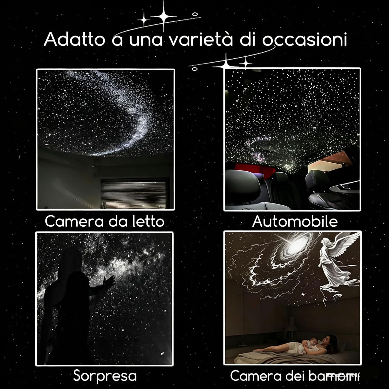 Adius Proiettore di Luce Notturna 2 in 1, Proiettore Portatile Multifunzionale per Cielo Stellato, Rotazione a 360°, Luminosità Regolabile, per Auto, Camera da Letto, Decorazione (24pcs)