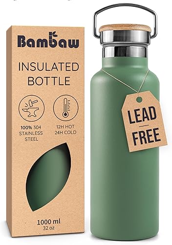 Bambaw Botella de agua aislada de 32 onzas, botella de agua de acero inoxidable verde, botella de agua grande de acero inoxidable, botella de agua