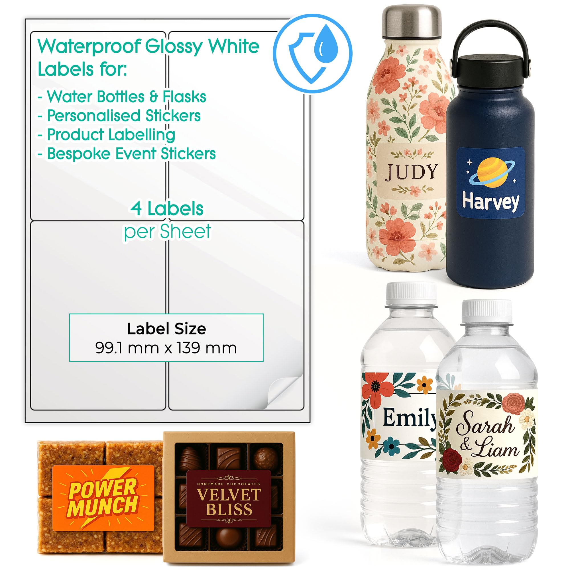 40 Waterproof Printable Labels for Water Bottles (Glossy White, 2 x 2 (4 per Sheet)) – Custom Design Stickers for Small Business – Multiple Sizes Self Adhesive A4 Sheets – Inkjet & Laser Printable