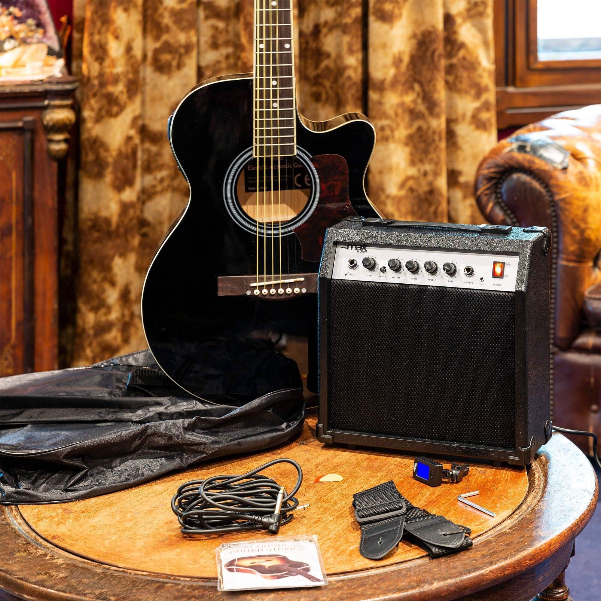 MAX ShowKit Set de Guitare Électrique Acoustique avec Pupitre - Noir, Idéal pour Débuter la Guitare