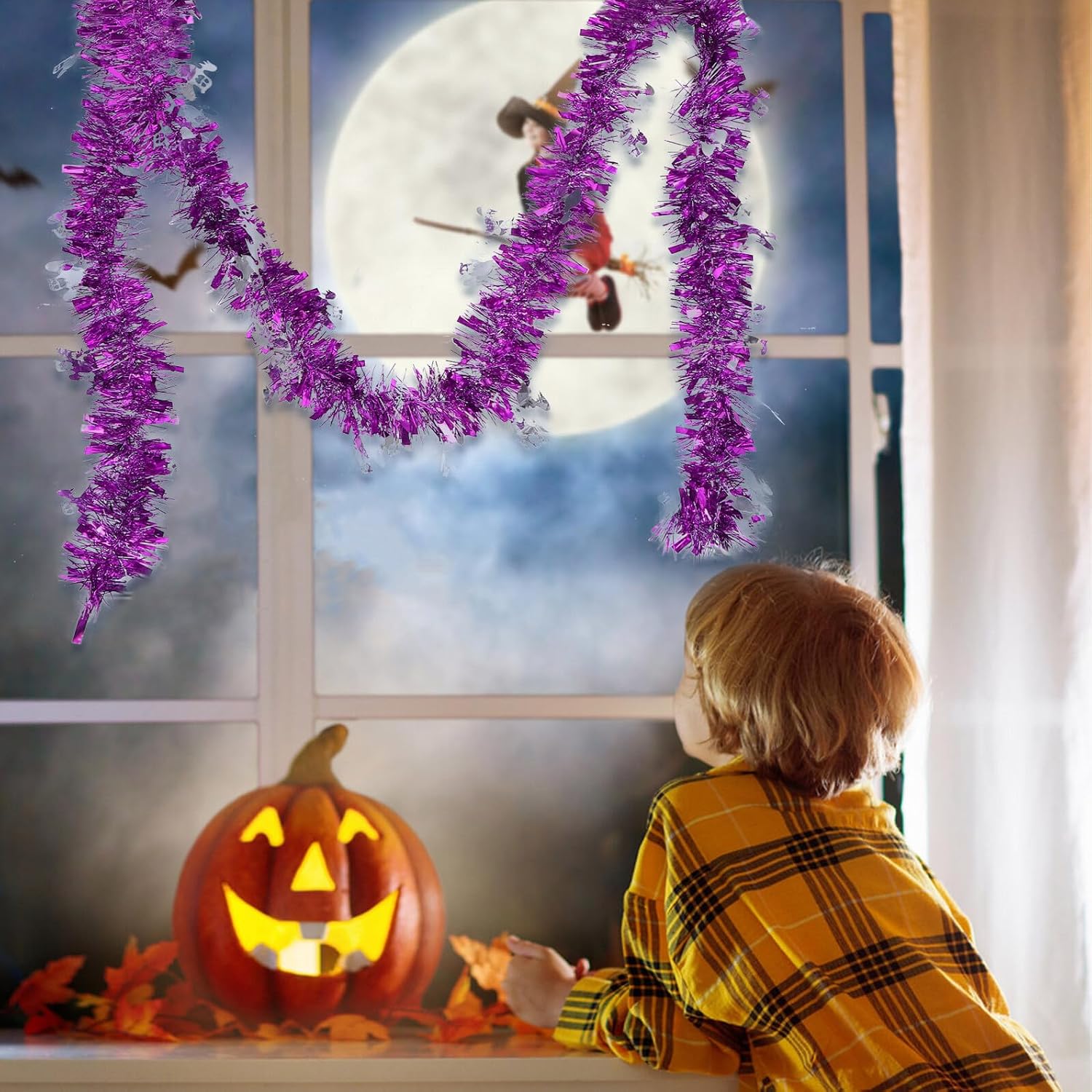 Halloween Colorful Tinsel Garland 5pcs Metallic Ghost Twist Foil Decorations Indoor Outdoor Spooky Party Hanging Ornaments for Home and Photo Booth Decor