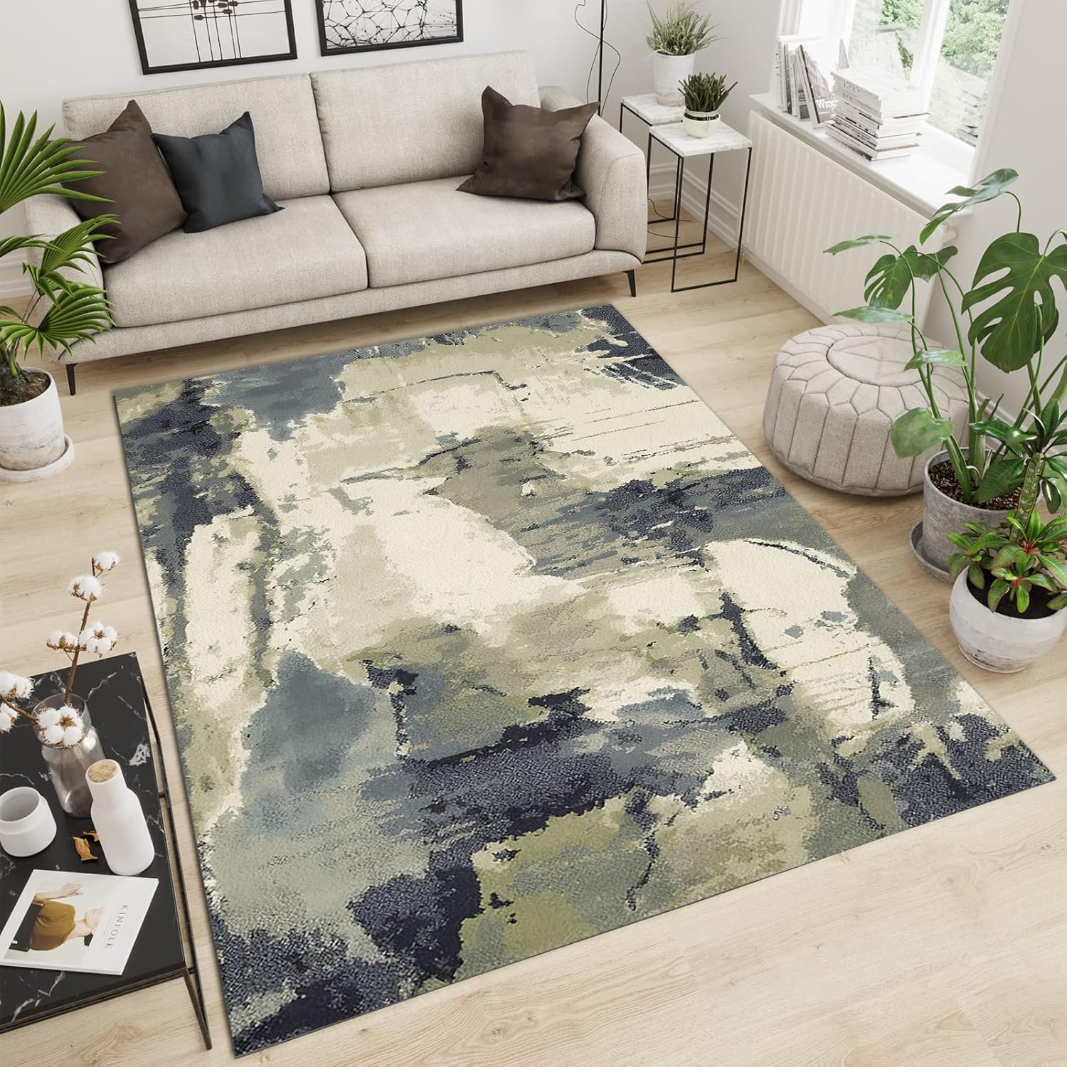 Green Trendy Area Rug, Abstract Decorative Rug, Washable