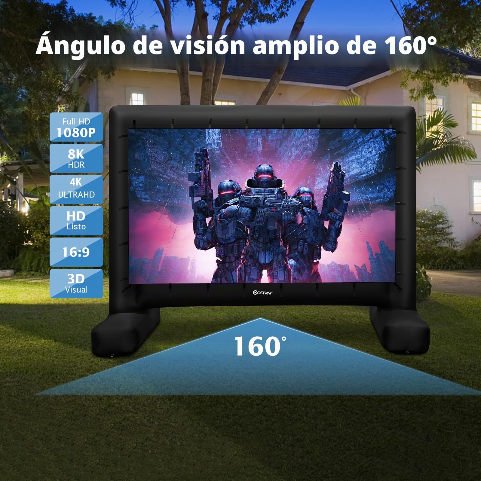 GOPLUS Pantalla Hinchable Exterior 4/4,5/5 m, Pantalla Gigante Hinchable para Videoproyector y Cine con Ventilador, Bolsa de Almacenamiento, Estacas para Suelo, Fácil Instalación, Doble Cara (328 x
