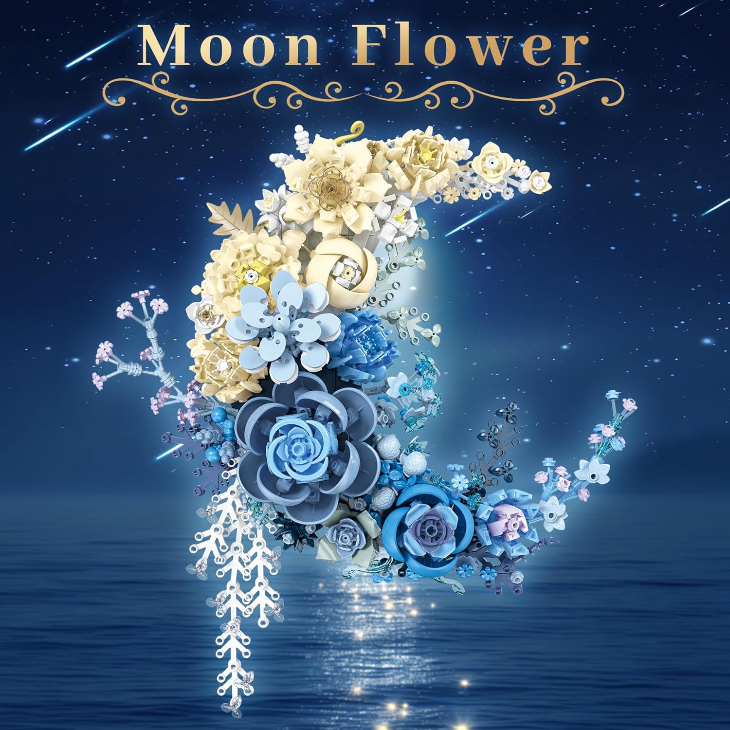 Crescent Moon Flower Building Set, Compatible with Lego, Botanical Collection Building Blocks Kit for Adults - Unique Home Décor Wall Art Idea