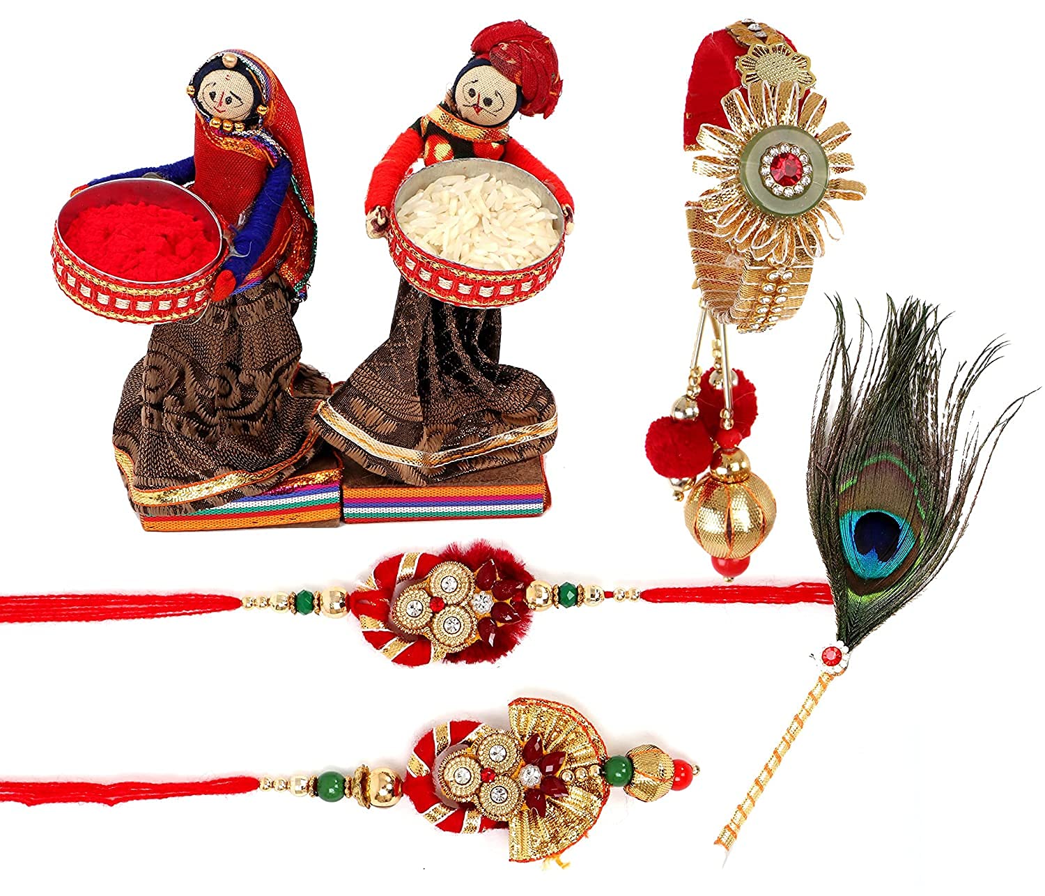 Combo bhaiya bhabhi pair Rakhi,1Kada roli chawal and a designer morpankh stick for tilak