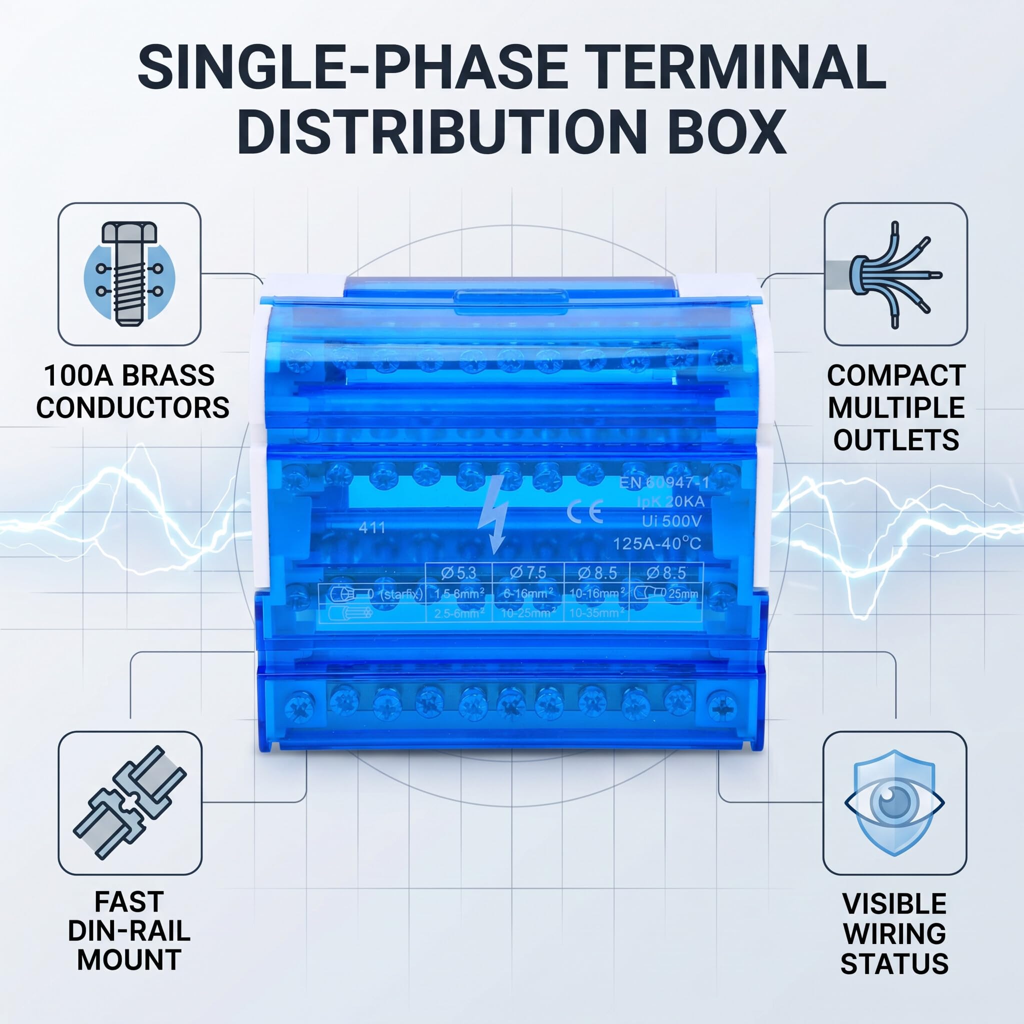 Caja Distribución Eléctrica Monofásica Industrial y Doméstica con Bloque Terminales 411 4 Niveles Carril DIN para Uso Profesional y Residencial