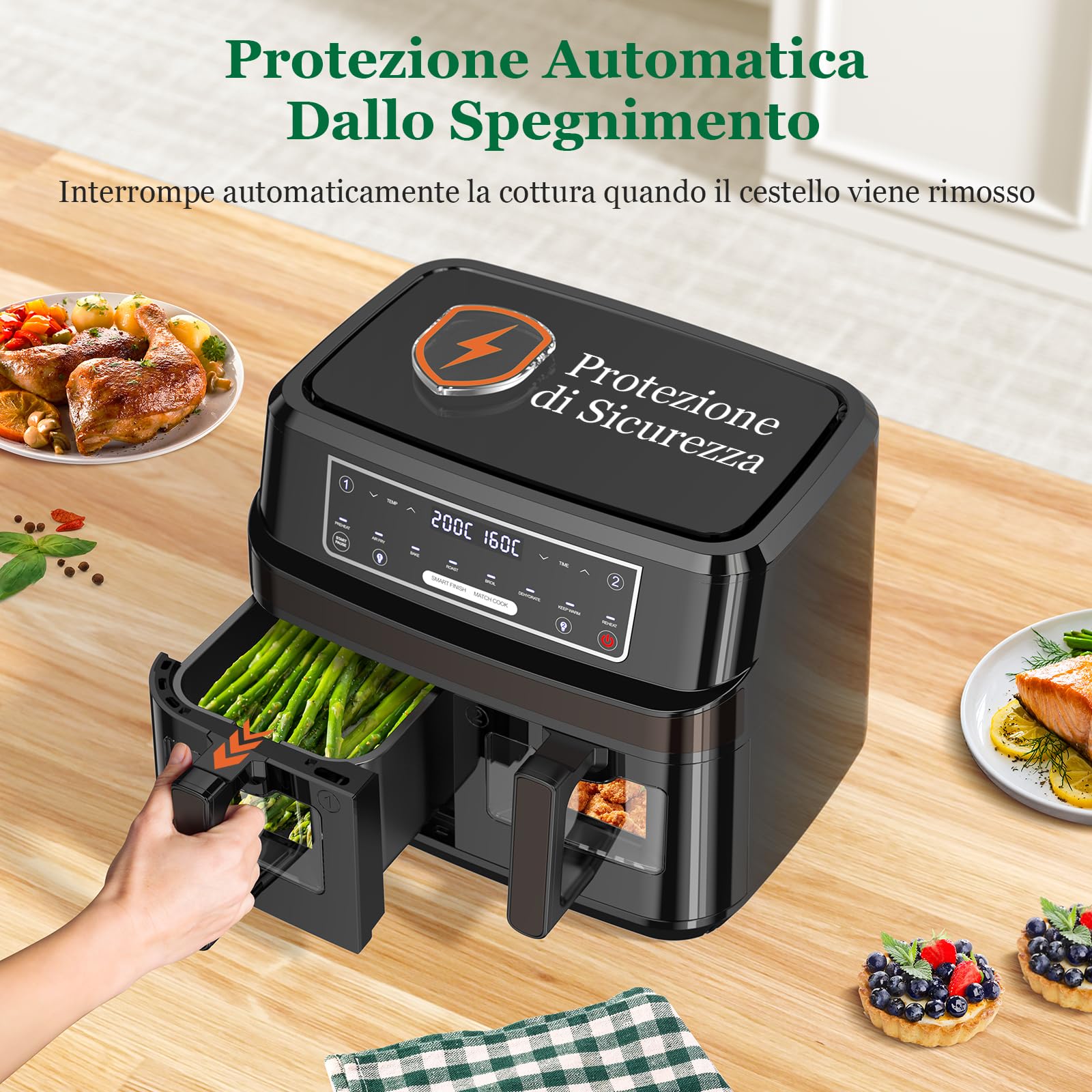 Friggitrice ad Aria Doppio Cestello | 10L Friggitrice Aria con Finestra Osserv Indipendente Temperatura, 8-in-1 Air Fryer Controllo Touch 50-200℃, Air Fryer Grande 2600W Luce Integrata Timer