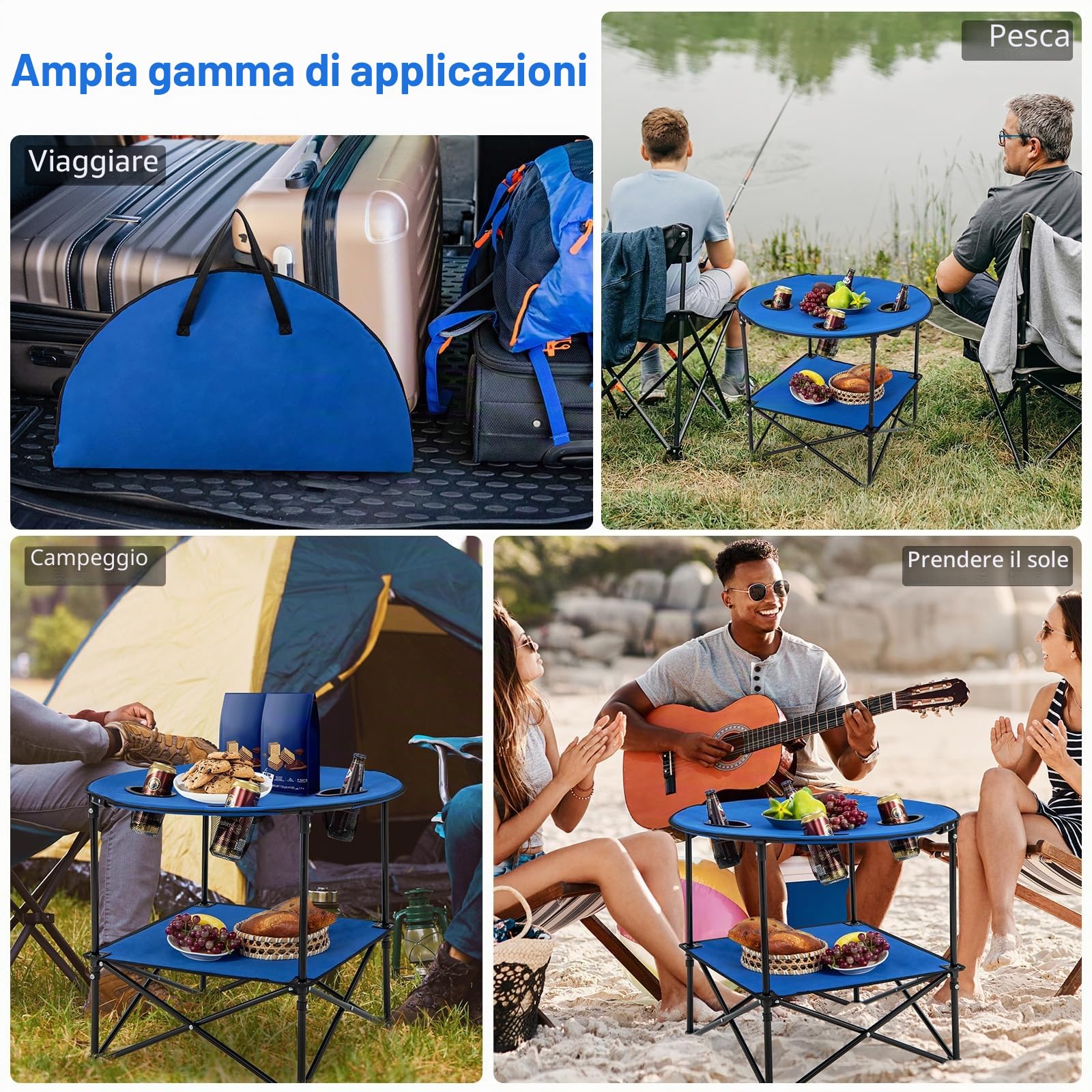 GIANTEX Tavolo da picnic rotondo pieghevole, tavolo da campeggio a 2 livelli con 4 portabicchieri in rete, telaio metallico a forma di X, tessuto Oxford, carico 40 kg, per barbecue, spiaggia, blu