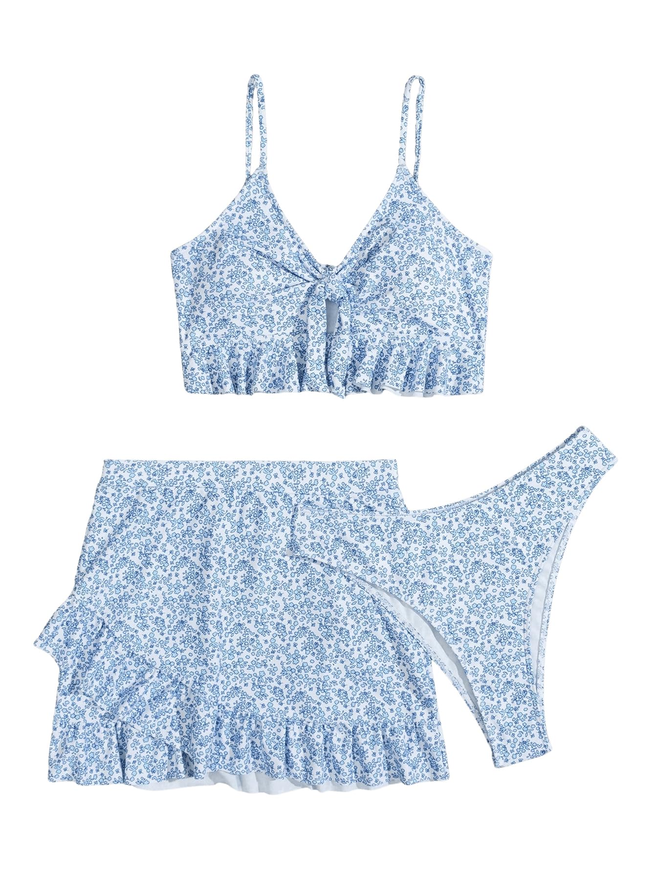 Conjunto de bikini de 3 piezas con estampado floral y cuello en V y dobladillo con volantes, traje de baño con falda de playa cruzada, azul y blanco, talla XL