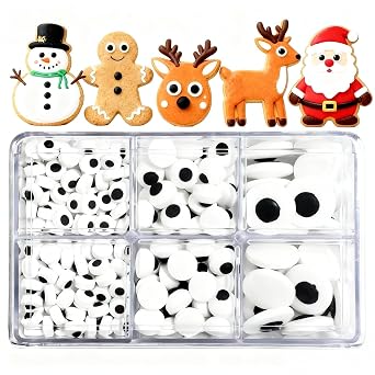 Christmas Candy Sprinkles for Cake Decorating, Festive Snowman & Reindeer Eyes Decorating Supplies for Cookie Baking, Ice Cream, Brownie, Cupcake Toppings, 3 Size Black and White Edible Eyes