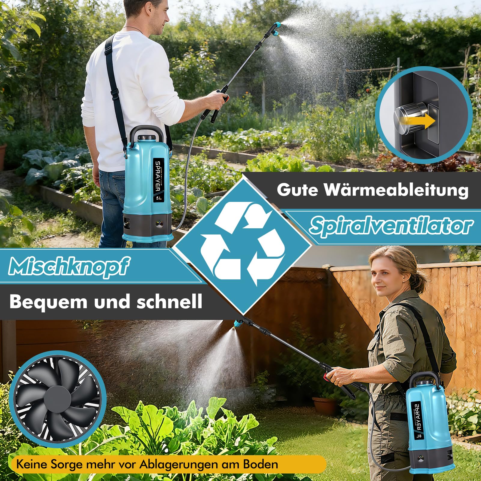 Akku Drucksprüher 8L,45PSI Elektrischer Pflanzensprüher Kompatibel mit Makita 12V Batterien,Rückenspritze Pflanzensprüher mit 4 Düsen,60cm Teleskopstab,2.0 Ah Akku,Ladegerät