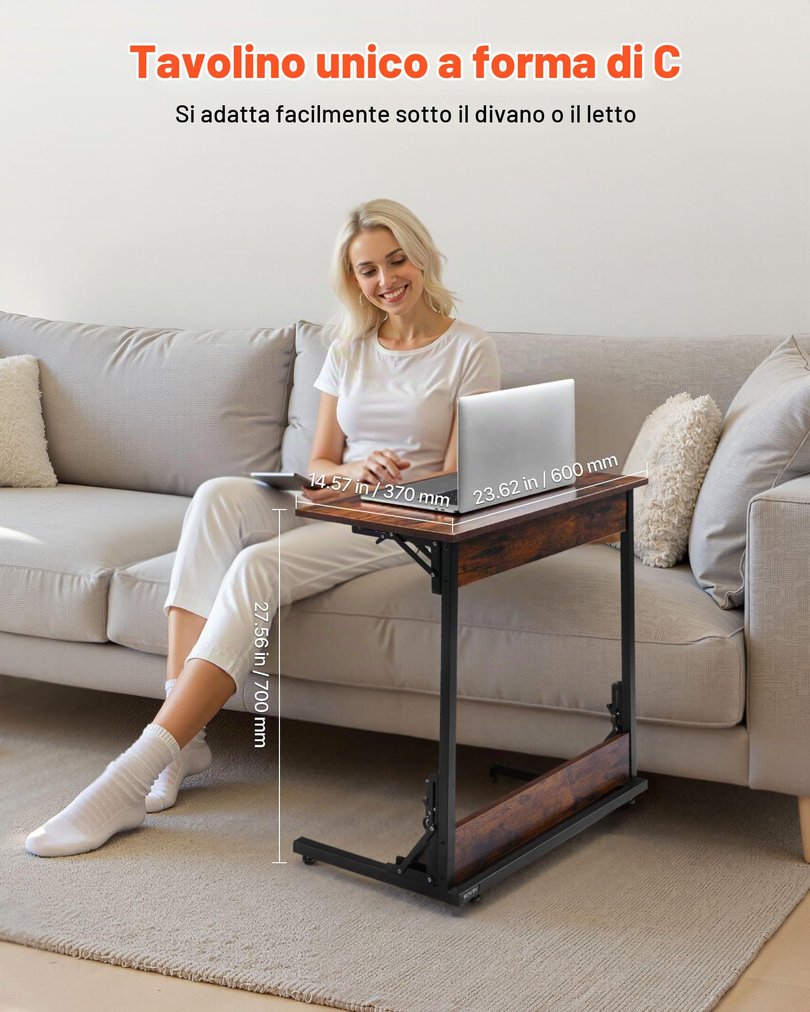 VEVOR Tavolino da Caffè a Forma di C, con Struttura in Metallo e Piedini Regolabili, Tavolini da Salotto Pieghevole, Vassoio TV, Tavolino da Divano, Marrone e Nero, per Soggiorno