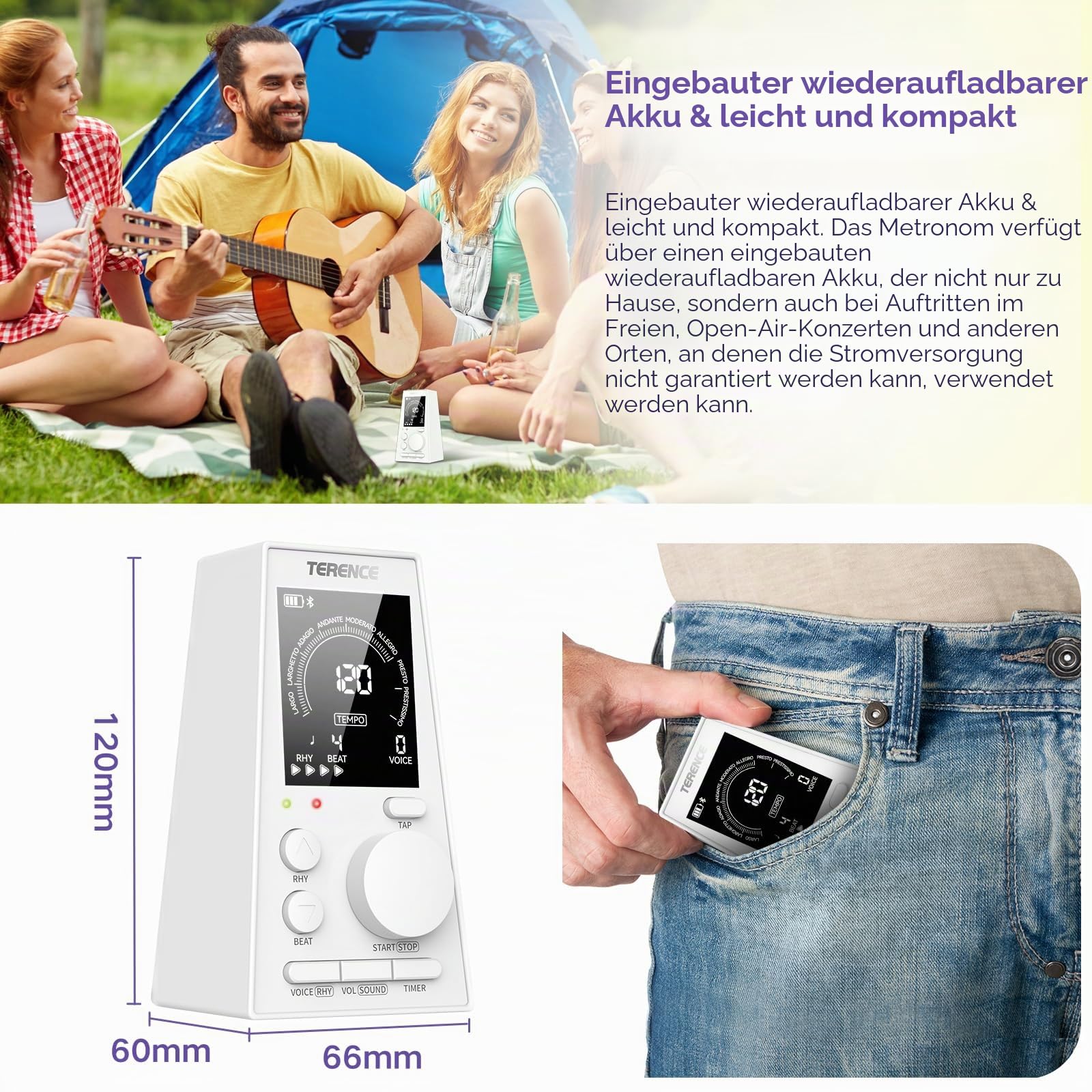 TERENCE Digitales Metronom Piano Gitarre Bass Eukliri Instrument Elektronisches Metronom mit Lautsprecher LCD Monitor Lautstärke Tempo einstellbar Timerfunktion wiederaufladbar 30-252bpm weiß