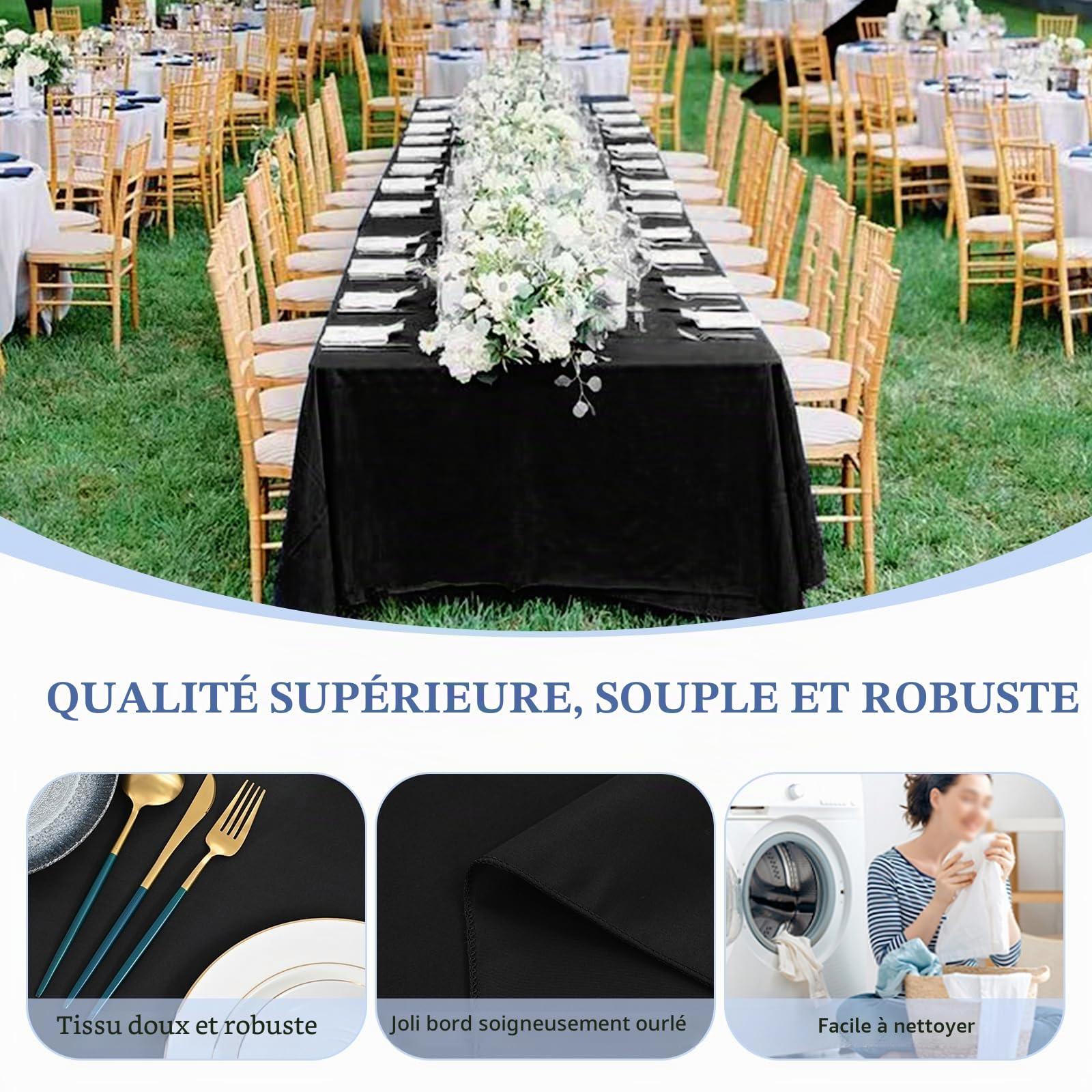 Lot de 8 nappes en polyester noir-Nappe rectangulaire noire de 153 x 260 cm pour tables rectangulaires de 6 pieds/1,8m, couverture de table en tissu lavable pour mariage/buffet/table à manger