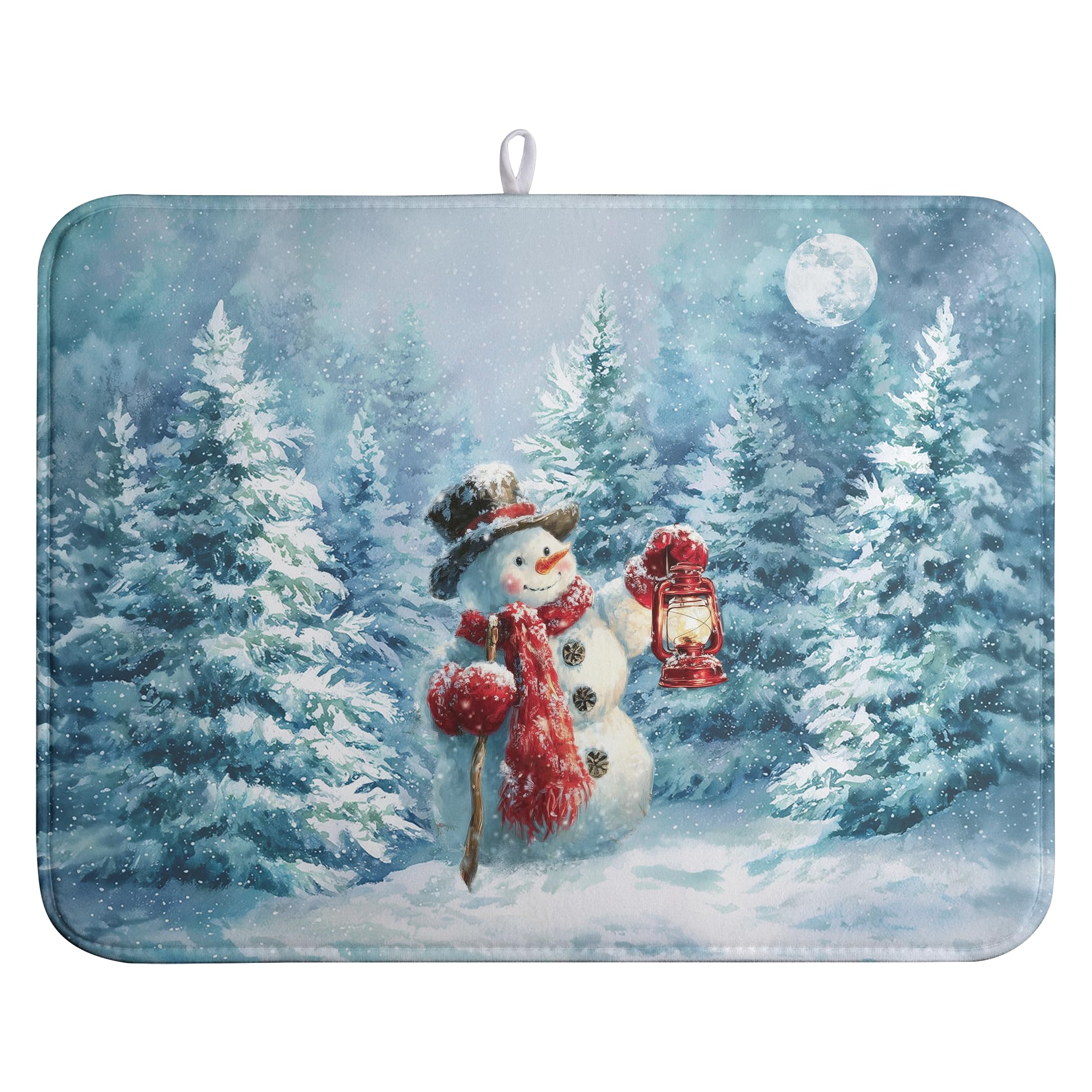 Winter Blue Snowman Dish Drying Mat Christmas Pine Tree Large Kitchen Mats Dish Drying Pad Xmas Absorbent Dish Dryer Mat for Kitchen Countertops Microfiber Drainer Pad Dish Drying Mats (18x24 in)