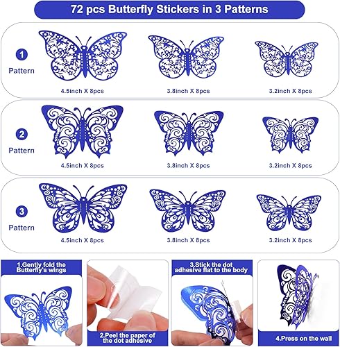 Miniatura 44 de 72 piezas de decoraciones de mariposa, 3 tamaños, 3 estilos, decoración de pared de mariposa 3D, decoraciones de fiesta, decoraciones de cumpleaños