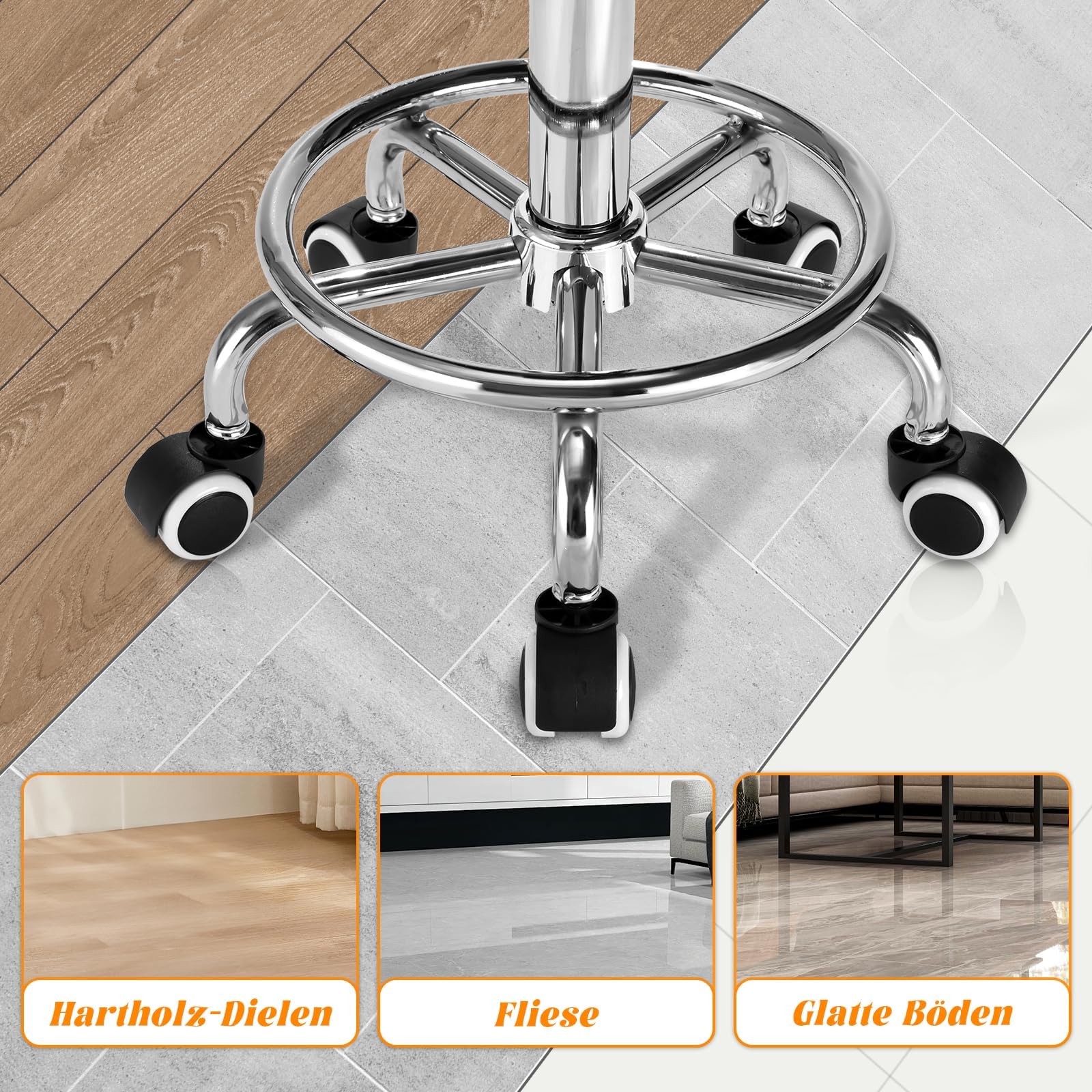 Rollhocker PU Leder Rund Gepolstert, Arbeitshocker Höhenverstellbar Rollen mit Fußstütze , 360° - Drehung Drehocker ，Tragfähigkeit 150kg für Spa Zeichnung Salon Arbeit Büro Tattoo Hocker. (Tinte)