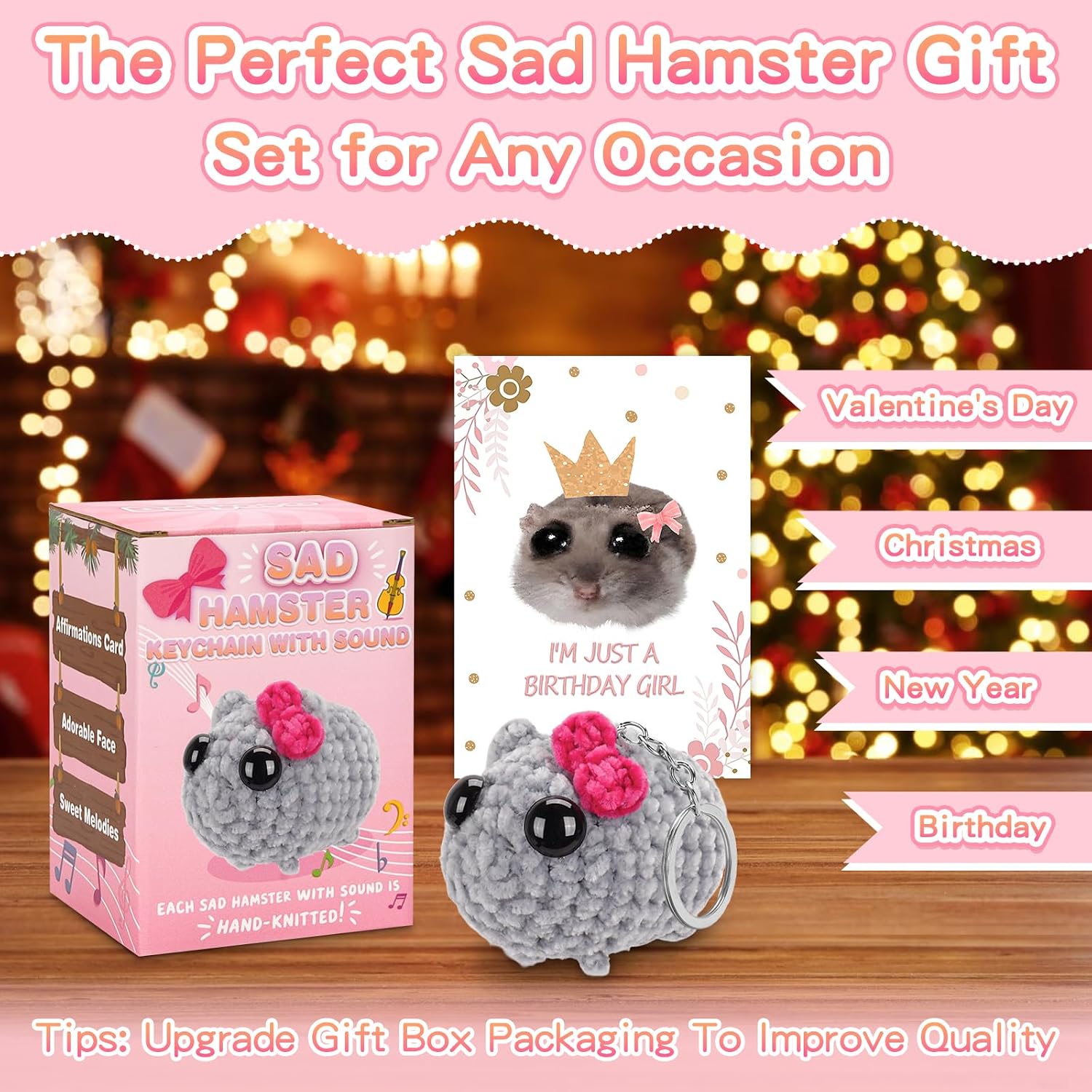 Tiktok Sad Hamster Meme Bow Keychain with Sound Upgrade Hand-Knitted Sad Hamster Plush with Gift Box & Card for Women Birthday Christmas