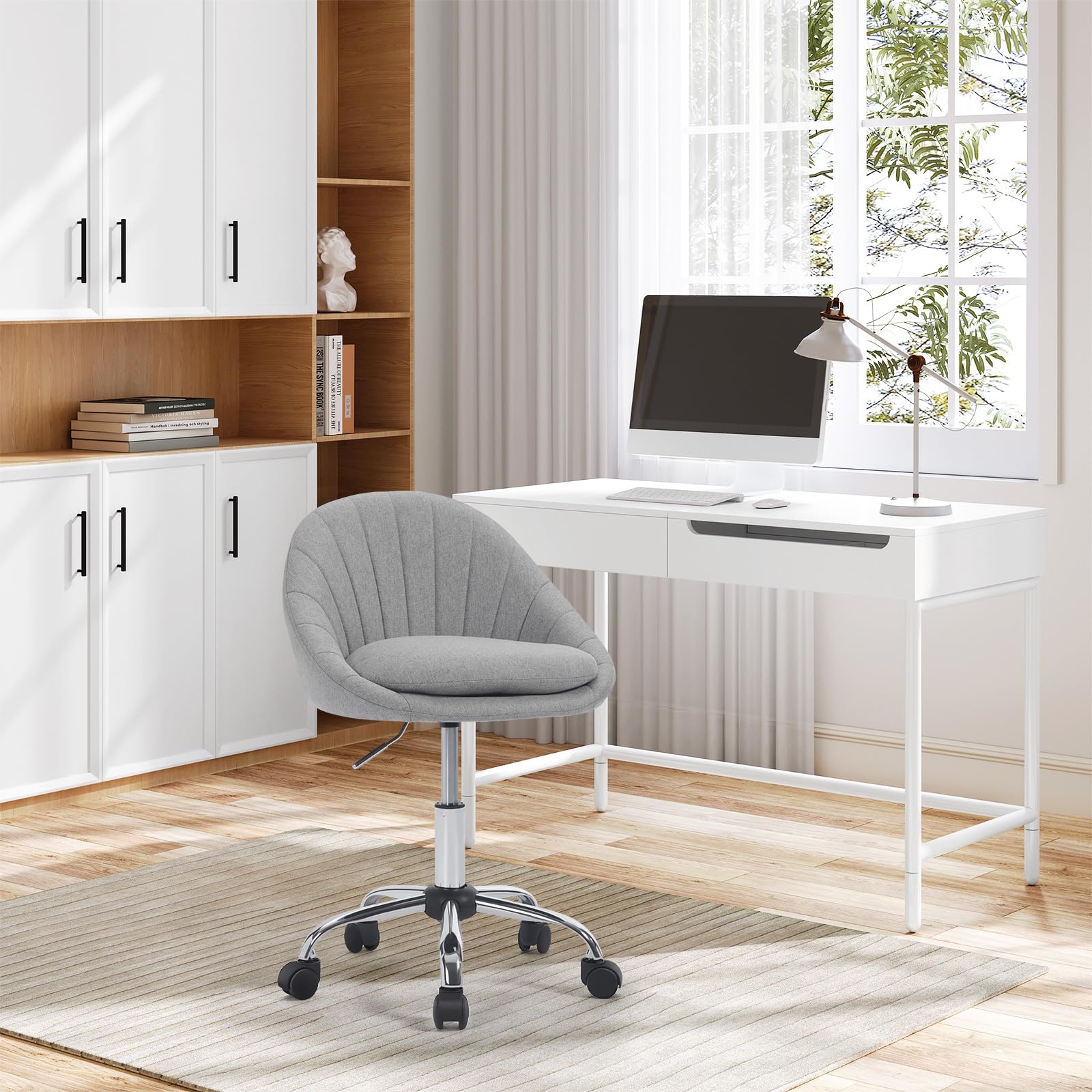 WOLTU Homeoffice Stuhl, Schminkstuhl, Schreibtischstuhl Grau, Leinen | Dicke bequeme Doppelpolsterung, Schaumstoffpolsterung, Drehstuhl mit Rollen, 150 kg, für Arbeitszimmer Schlafzimmer