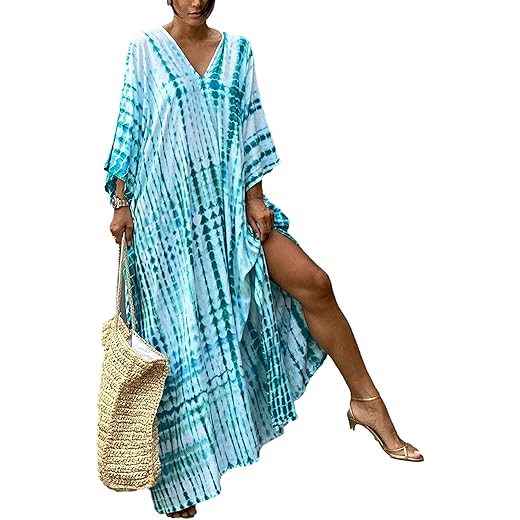 RanRui Beach cover up kaftan Caftan kaftans Women's Plus Size Caftans Stripe Print tie dye Vneck Kaftans Loose Soft Kaftan Dresses Loungewear Light Weight Side Split Beach Maxi Dresses (730-14 Blue)