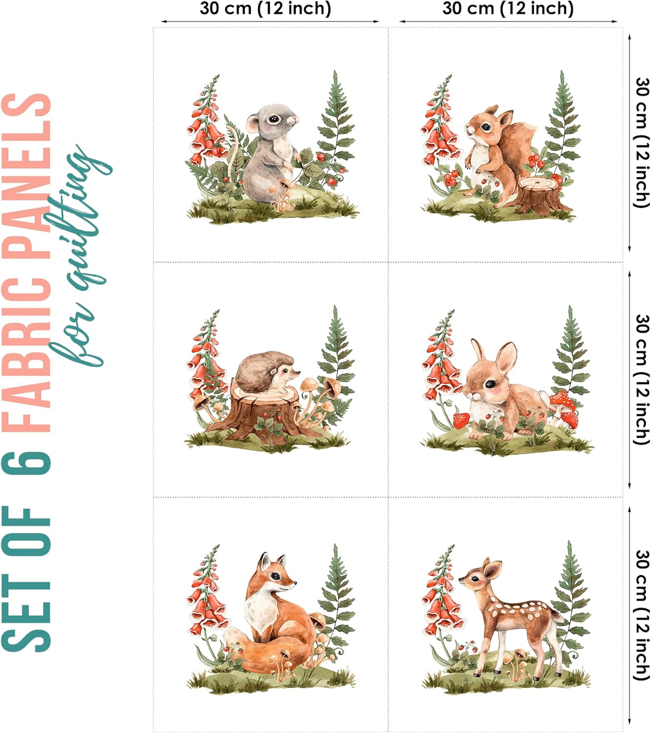 UNIQUE Woodland Forest Little Animals Fabric Panel Set (6 Panels, 12x12in Each), Baby Quilt Panels, Cotton Twill Fabric Panel Set for Quilting