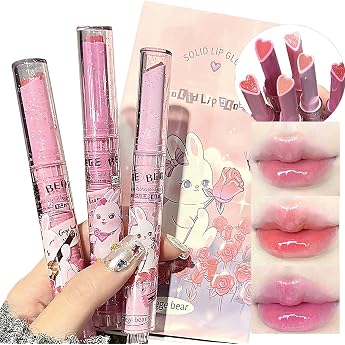 3 Colours Jelly Lipstick Gift Set Cute Rabbit Tinted Heart Shape Lip Stain Lip Gloss Mirror Hydrating Jelly Love Lipstick Moisturising Tinted Lip Balm Vivid Colour Glossy Lip Makeup for Girls A