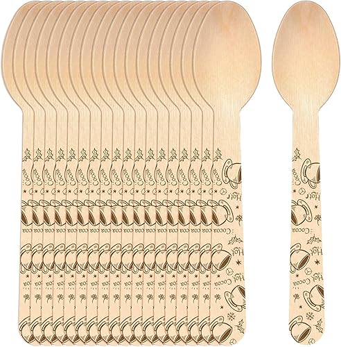 Paquete de 100 cucharas de madera desechables de Navidad, tazas de cacao, cucharas con patrón de copos de nieve, cucharas de degustación de madera