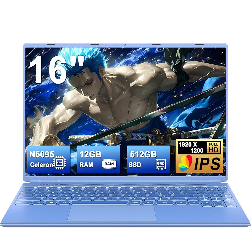 NOTODD PC Portatile Win11 Laptop 12GB 512GB 1TB SSD Espansione, Notebook 16 Pollici Celeron N5095 (fino a 2.9Ghz) 丨Ventola di Raffreddamento丨5G WIFI丨1920 * 1200 2K Schermo Doppio- Blu