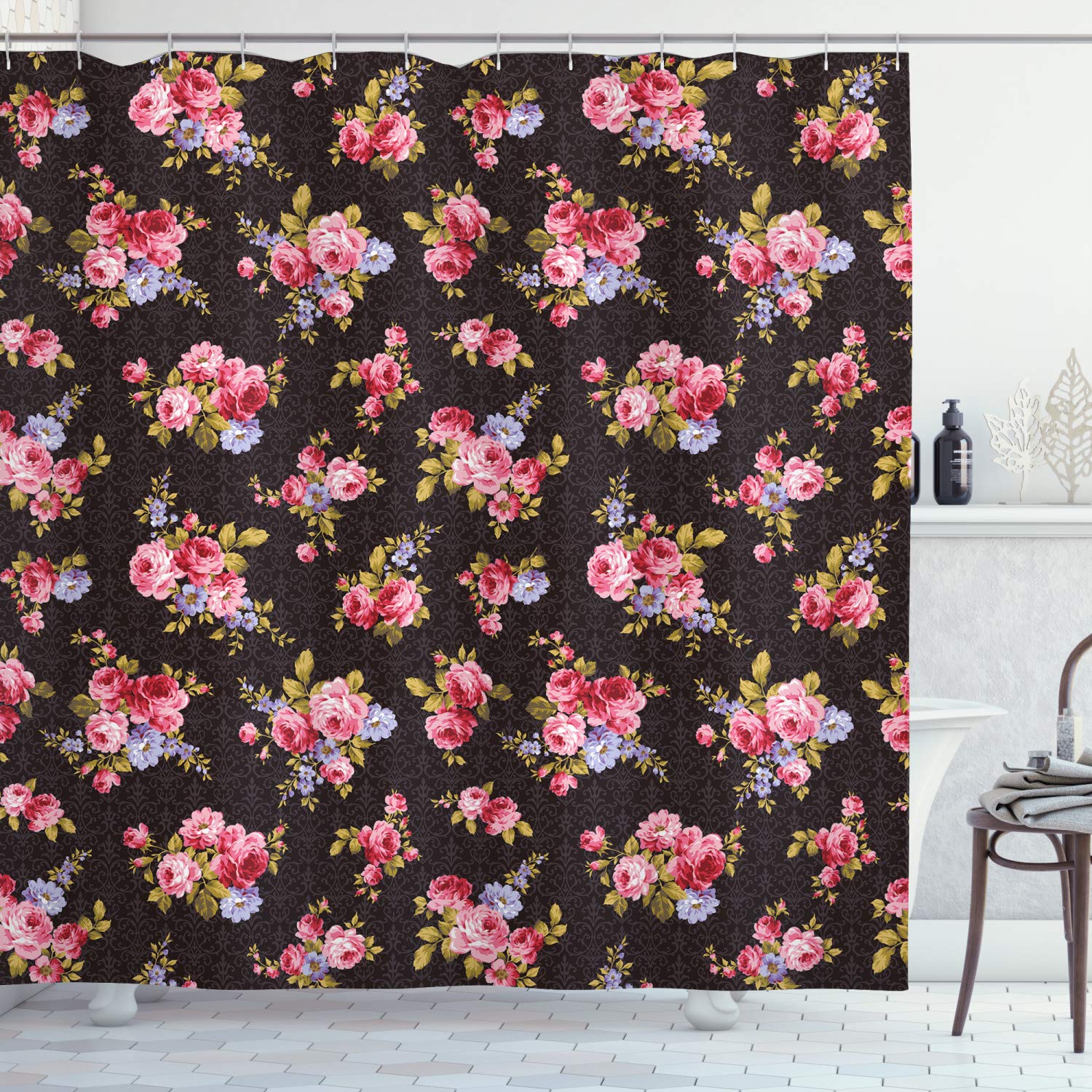ABAKUHAUS Rose Shower Curtain, Pattern with Old Fashioned Corsage and Bouquets Antique Feminine Floral Inspired Grace, Cloth Fabric Bathroom Decor Set with Hooks, 86 Inches Extra Long, Multicolor โ image 1