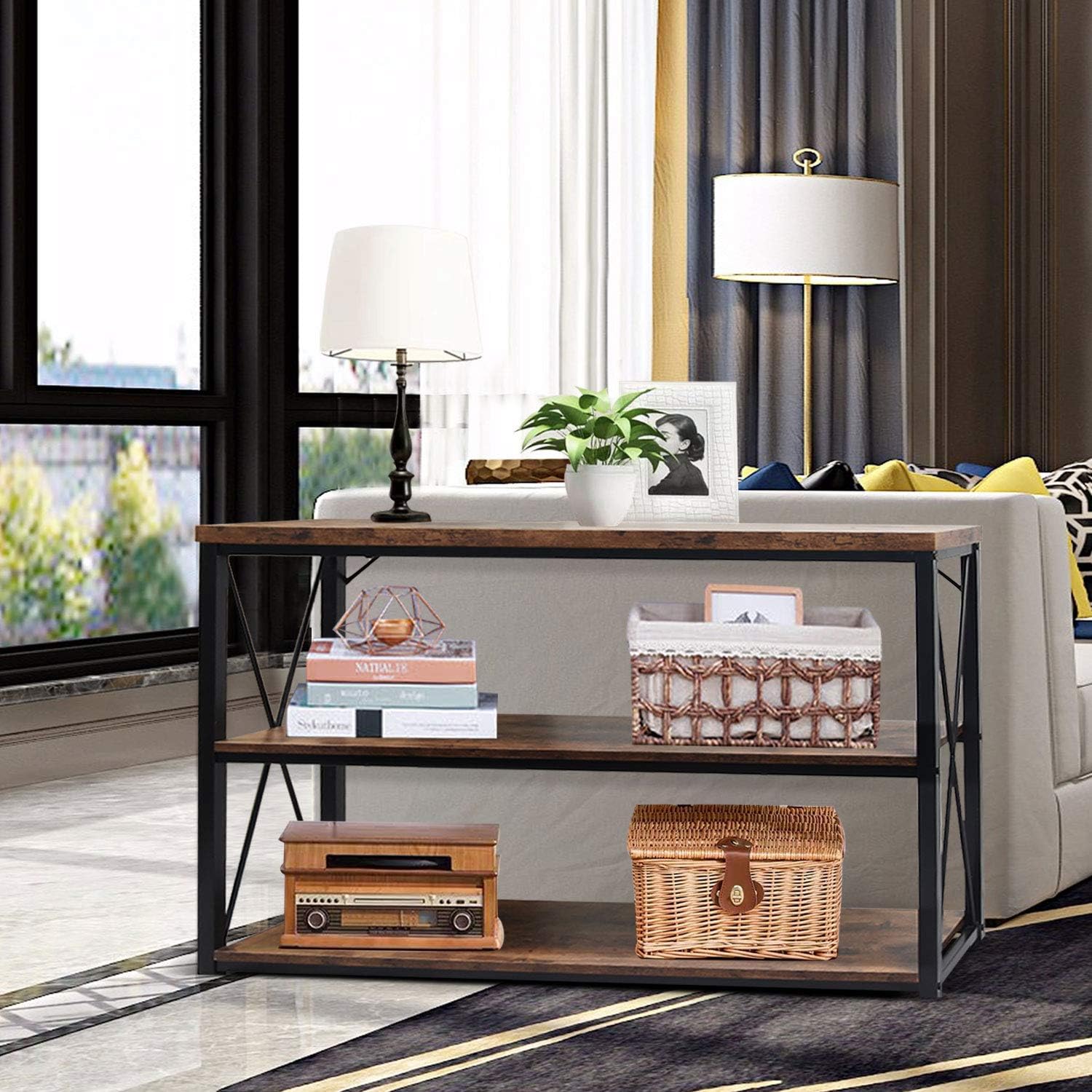 Usinso 47‘'TV Stand Console Sofa Table & Industrial Console Table 3-Tier Rustic Console Entryway/Hallway Table for Living Room, Open Bookshelf in Bedroom Entryway,Brown Oak