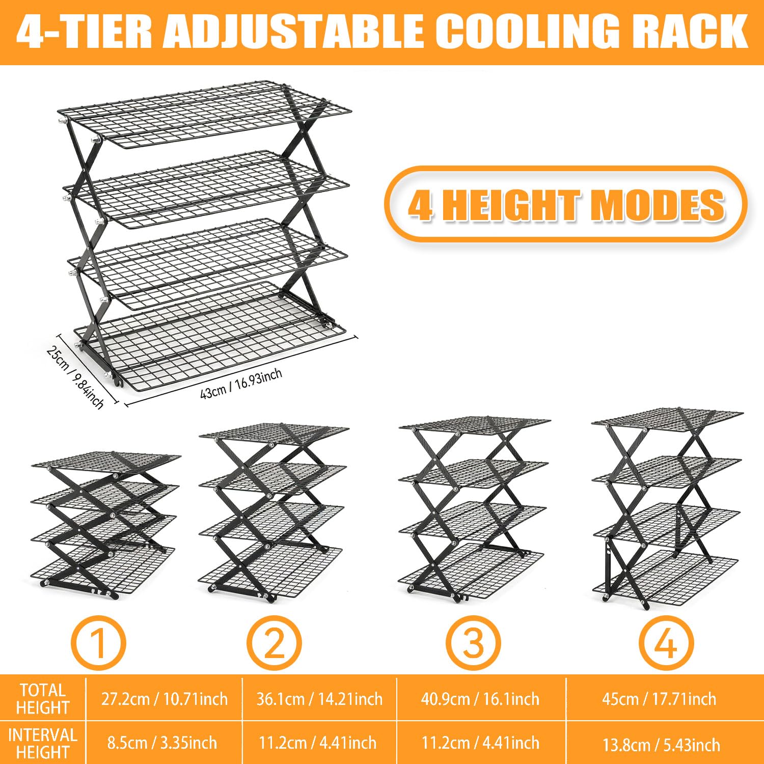 Griglia di raffreddamento pieghevole a 4 ripiani per cottura, 43 x 45 cm, griglia di raffreddamento pieghevole per torte, griglia di raffreddamento a forma di X, salvaspazio per muffin