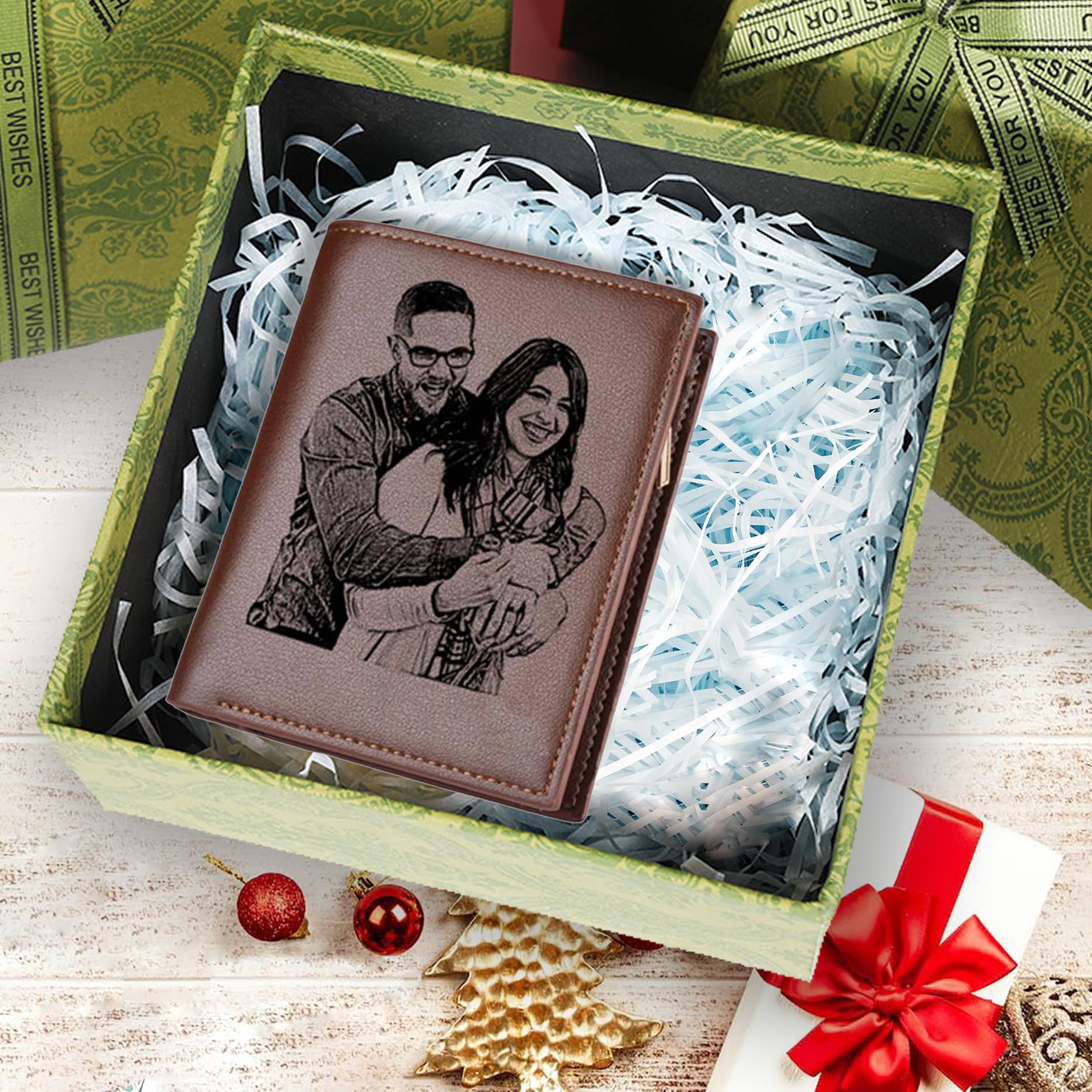 Mileevon Portafogli personalizzati per uomo Foto personalizzata e iniziale e nome Portafogli da uomo Portafoglio personalizzato inciso per uomo Regali per ogni occasione, Marrone rossiccio., 11.5cm x