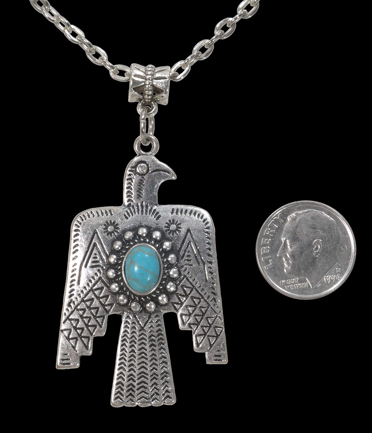 Pendant, Antique Silver Plated 2.5" Southwestern Thunderbird with Turquoise Magnesite Pendant +CHAIN + GIFT BAG