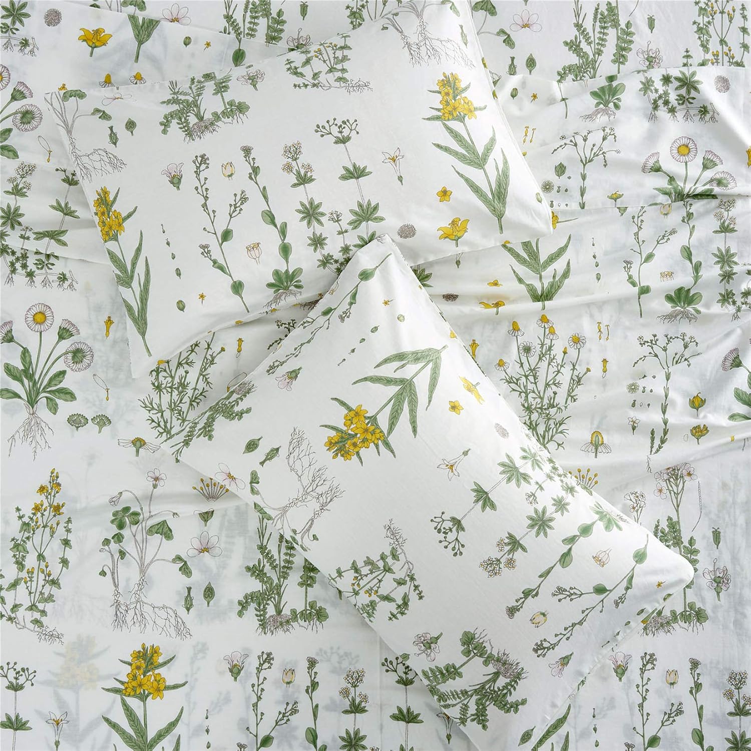Wake In Cloud - Floral Bed Sheets, 4-Piece Sheet Set, Cute Botanical Shabby Chic Coquette Cottagecore Flower Pattern Printed Bedding, Deep Pocket, Yellow Green, Queen Size