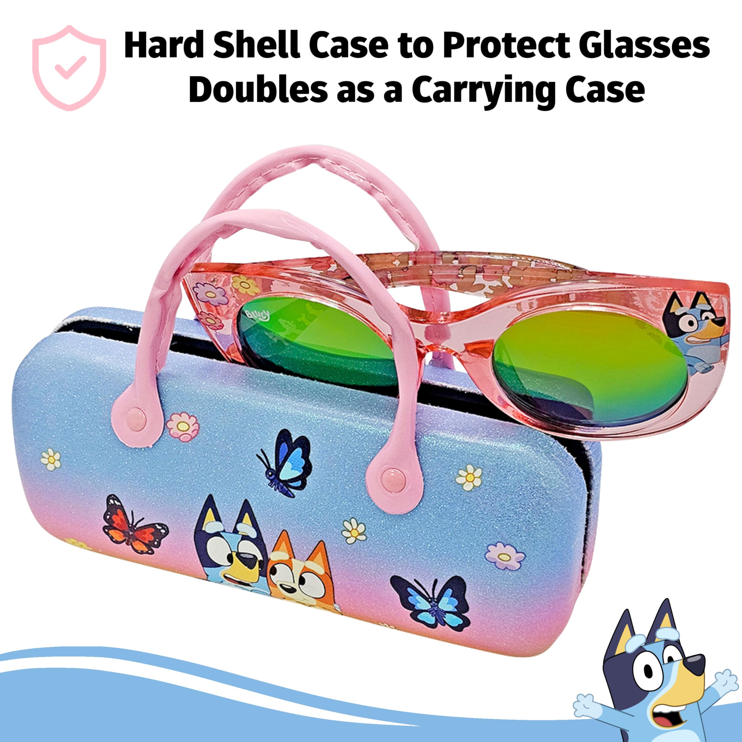Arkaid BLUEY - Gafas de sol para niñas con funda | Estuche oficial BLUEY para gafas de sol con mini asa y UV 400 tonos | Talla para niños