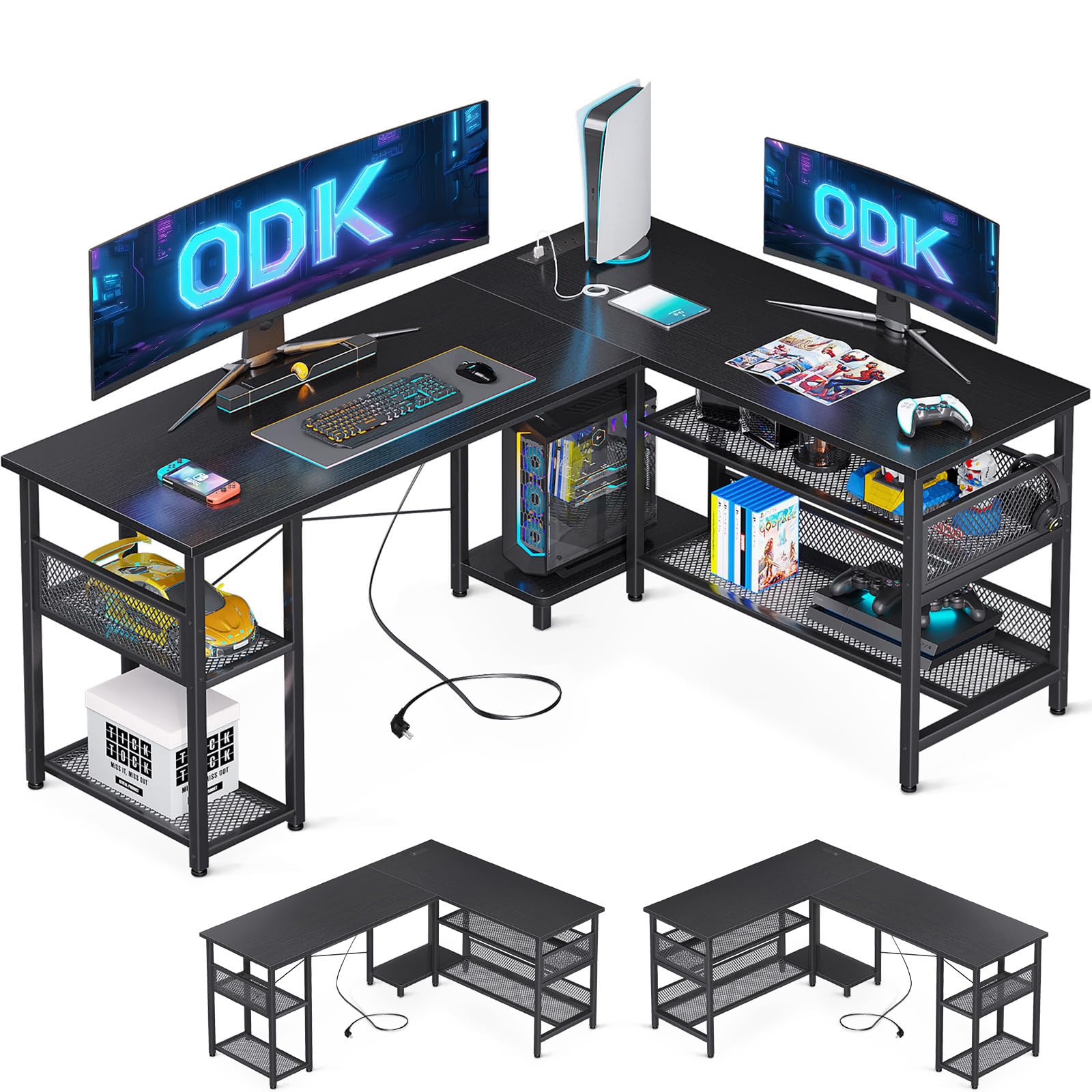 ODK L Shaped Gaming Desk, 150 x 102 cm Reversible Computer desk with 2 Sockets and 2 USB Charging Ports, Corner Desk with Storage for Home Office Black