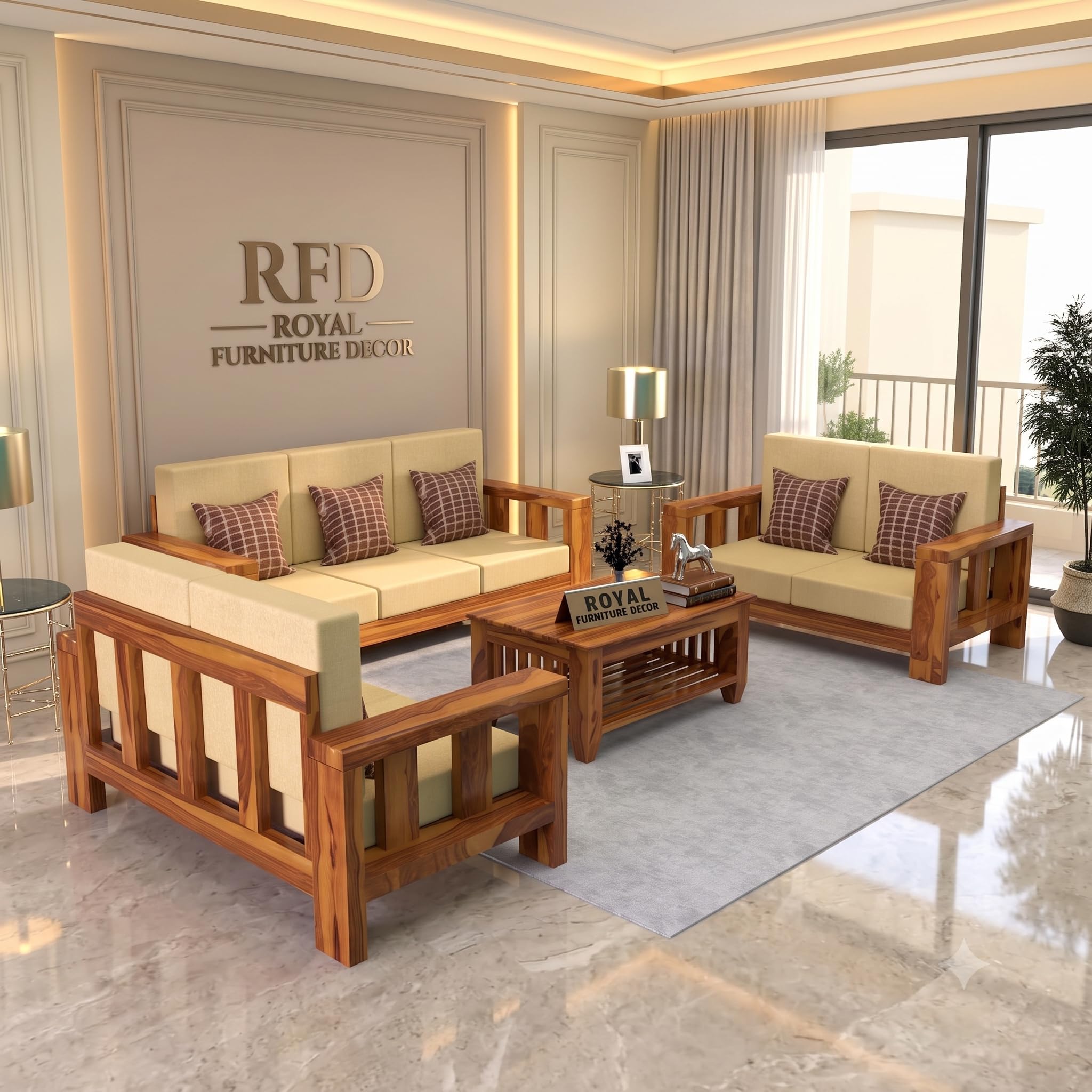 Royal Furniture Decor Sheesham Wooden 7 Seater Sofa Set for Living Room | Solid Wood Sofa | Rosewood Sofa Set for Home & Office | Lounge (Honey, 3+2+2 Seater)-image-5