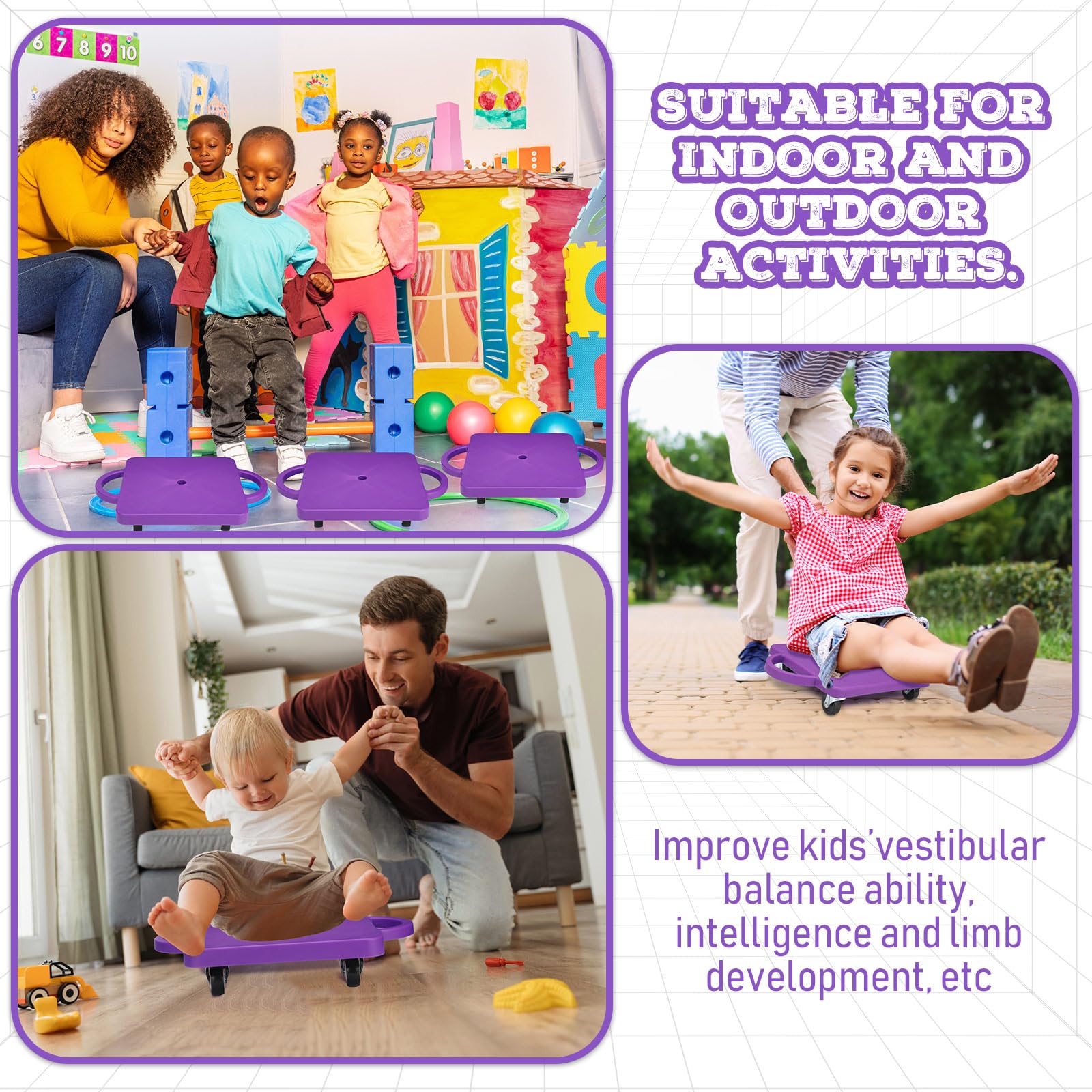 4 Pieces Sports Scooter Board Bulk Sitting Scooter Board with Handles Plastic Casters Sport Flat Scooter for Kids Children Gym Indoor Outdoor Activities Play Equipment (Purple)