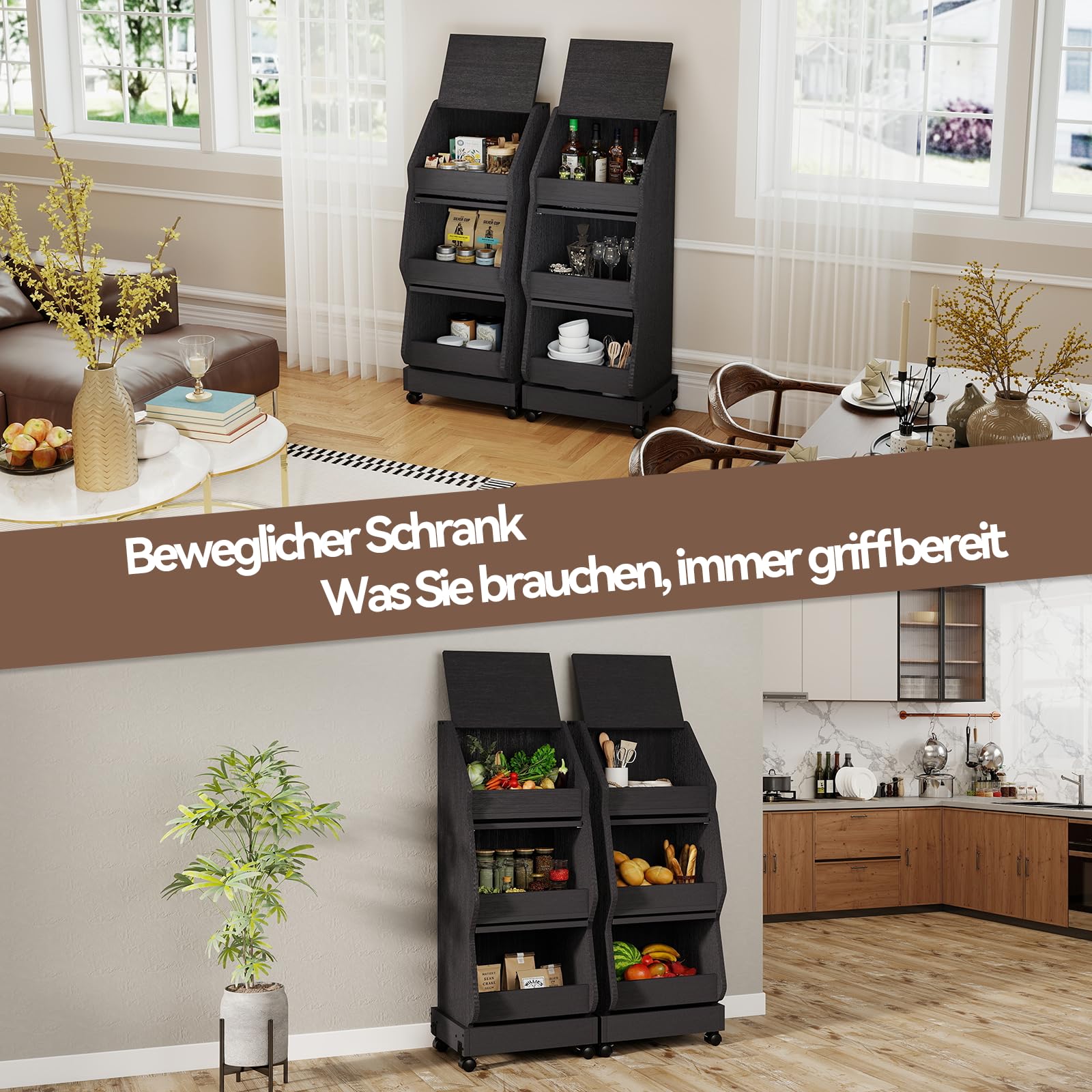 ARTETHYS Gemüseregal mit Rollen, Kartoffelkiste aus Holz, Aufbewahrungskiste mit Deckel, 3 Etagen Obst und Gemüse Aufbewahrung, Küchenwagen Rollwagen, Schwarz