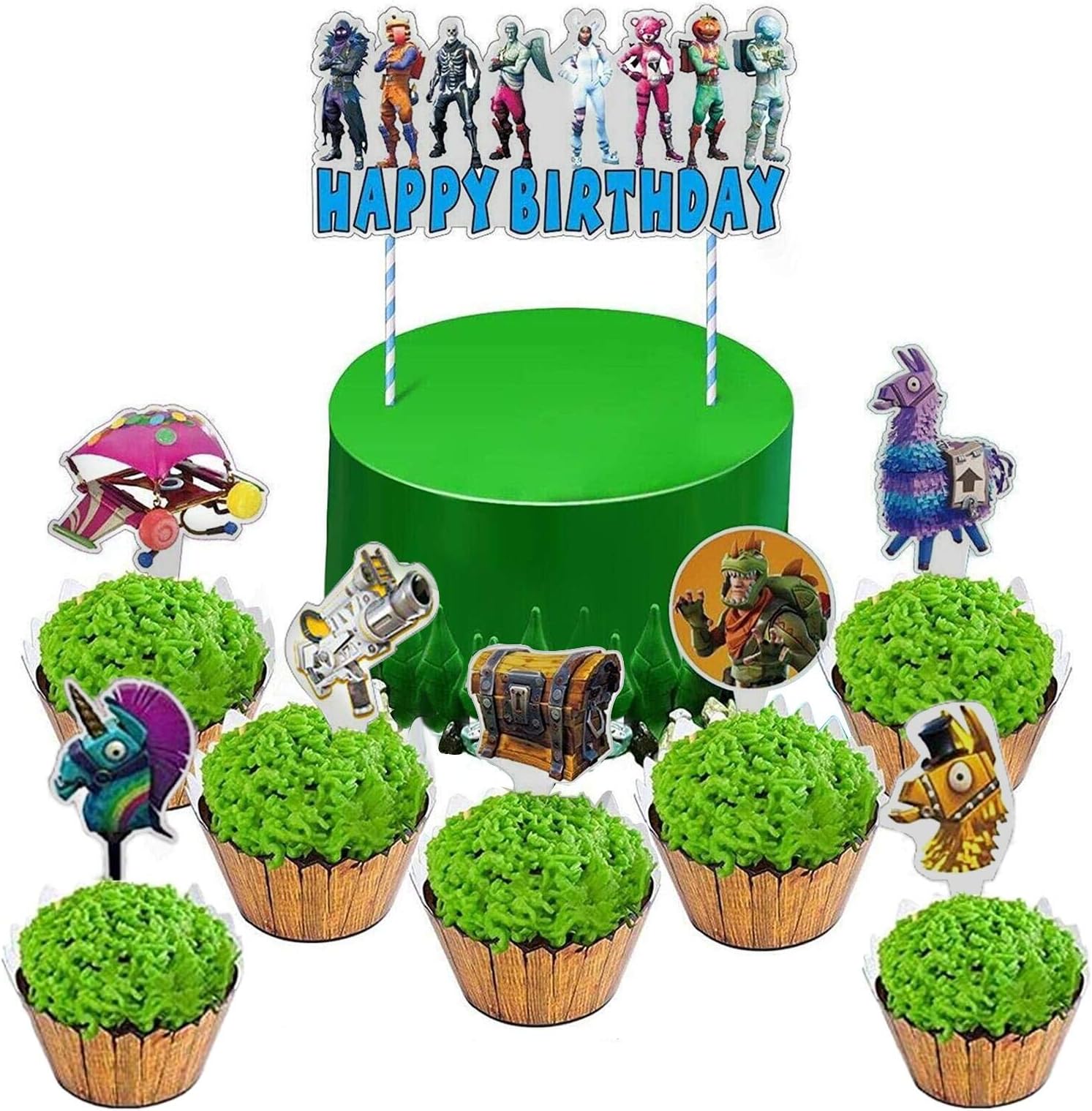 Video Game Party Supplies - Cake Topper and Cupcakes Toppers Wrappers Kit - Happy Birthday Cake Decorations for Gamers Kids Boys Girls