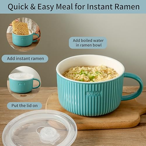 Miniatura 3 de Seyatoo Tazón de sopa de cerámica con tapa, taza de sopa con tapa de mano y hermética, taza de sopa grande para microondas para cereales, ensalada,